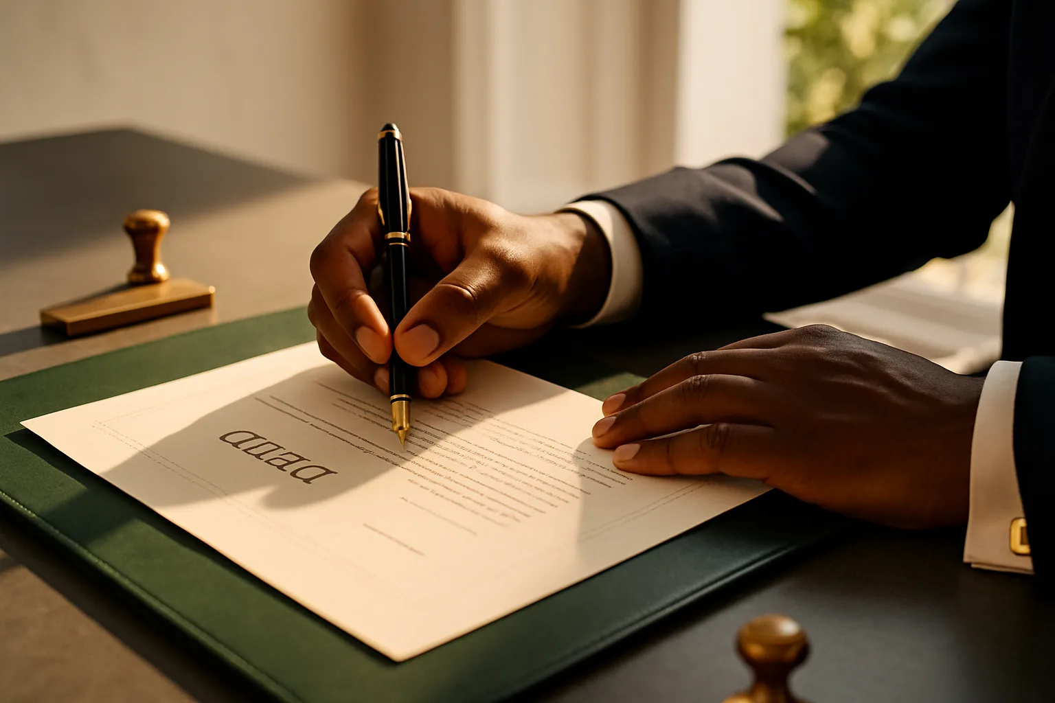 A legal professional signing a formal property transfer document under warm golden daylight, illustrating the role of a power of attorney in authorising property transactions.