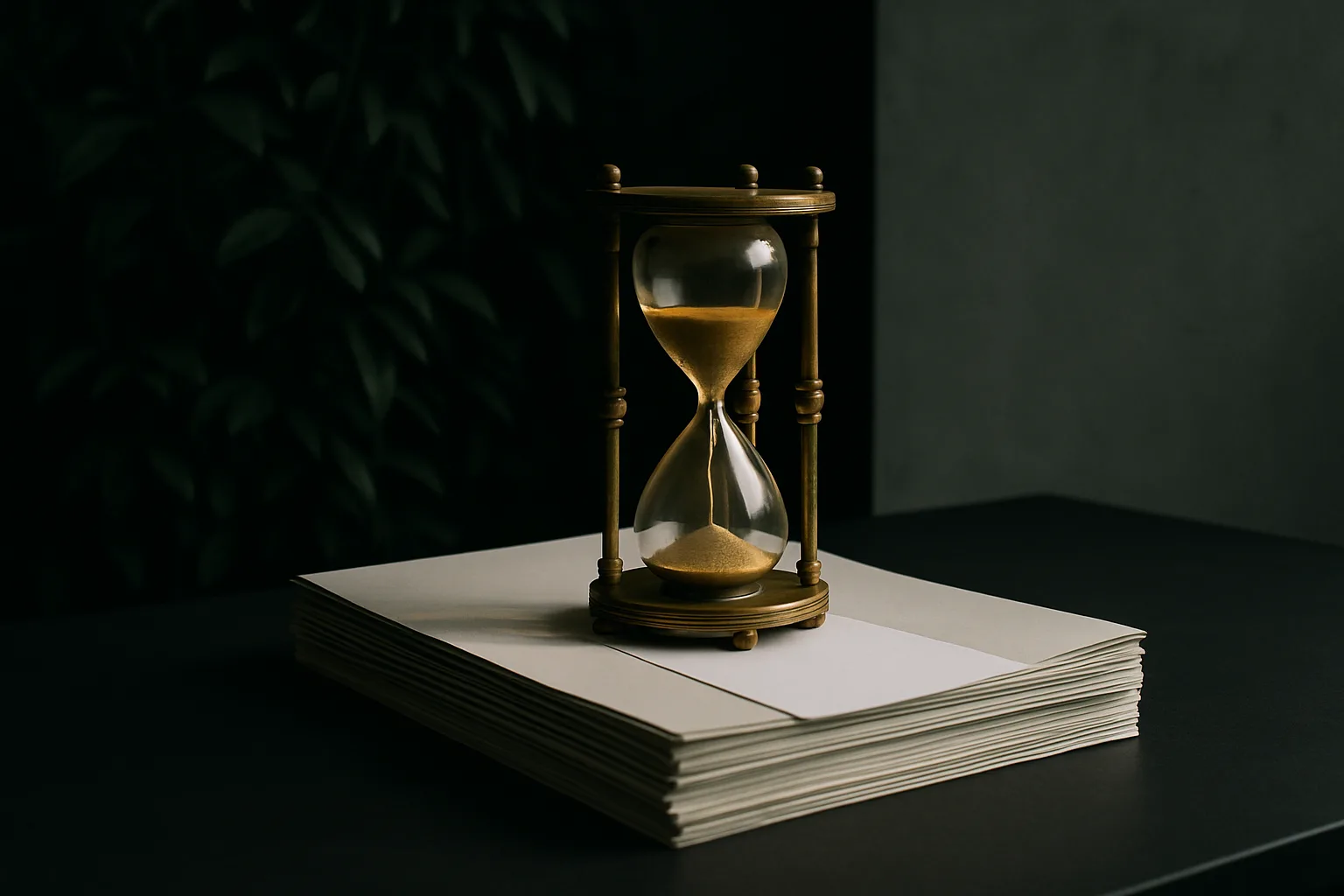 A brass hourglass placed on a stack of ivory legal documents beside a concrete wall, symbolising the running of time on a legal debt claim.