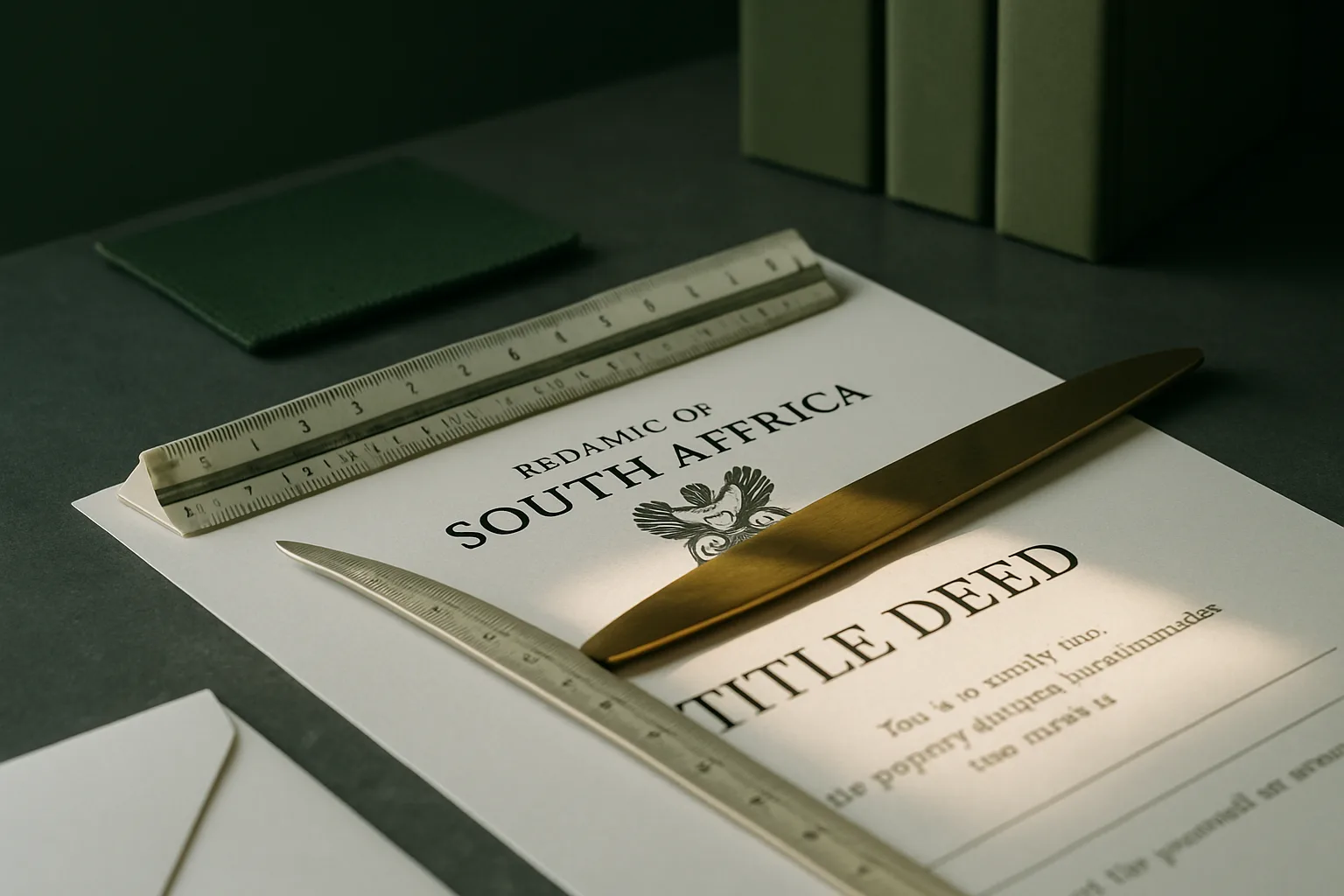 A South African title deed spread open on a slate stone table with a brass letter opener resting across it, referencing registered encumbrances reviewed during conveyancing.