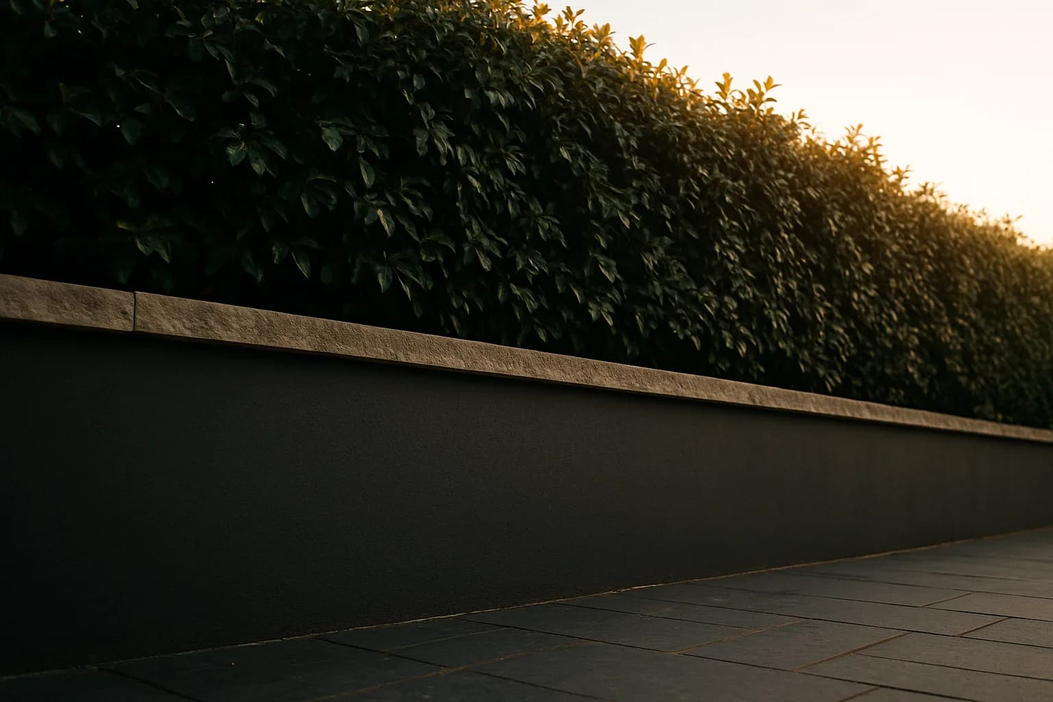 A modern South African boundary wall with a dense dark hedge pressing against it from the neighbouring property side, representing a property dispute between neighbours over time.