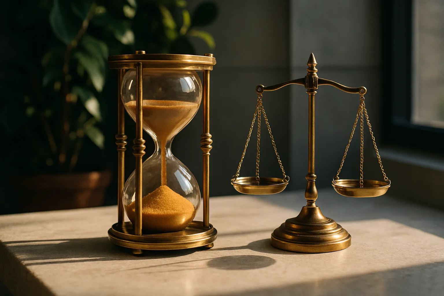 An antique brass hourglass and polished scales of justice on a sunlit limestone surface, illustrating the legal concept of prescription of debt in South African property law.