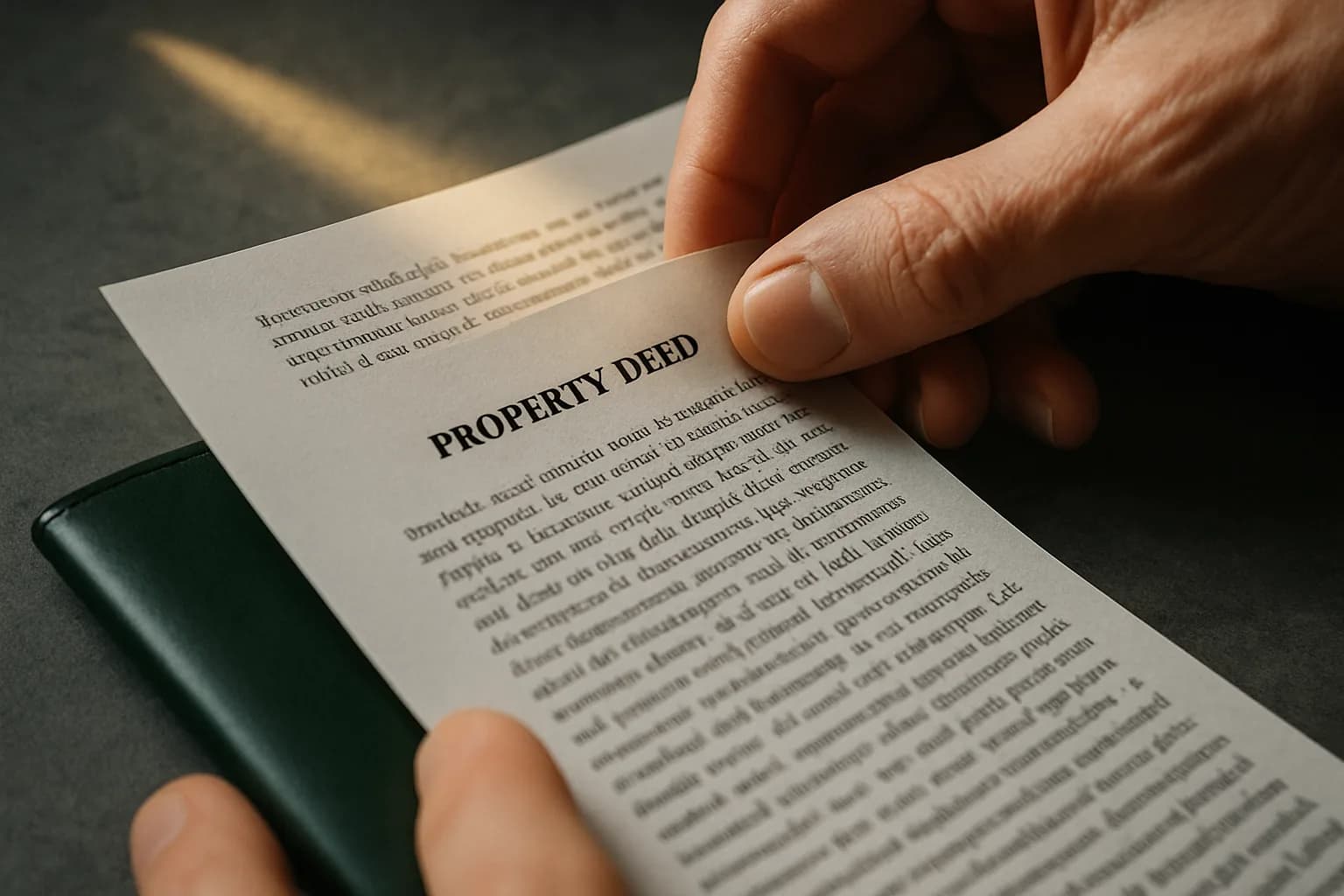 Close-up of hands turning a dense page of a legal property deed on a concrete surface, with a dark green leather document folder blurred in the background.