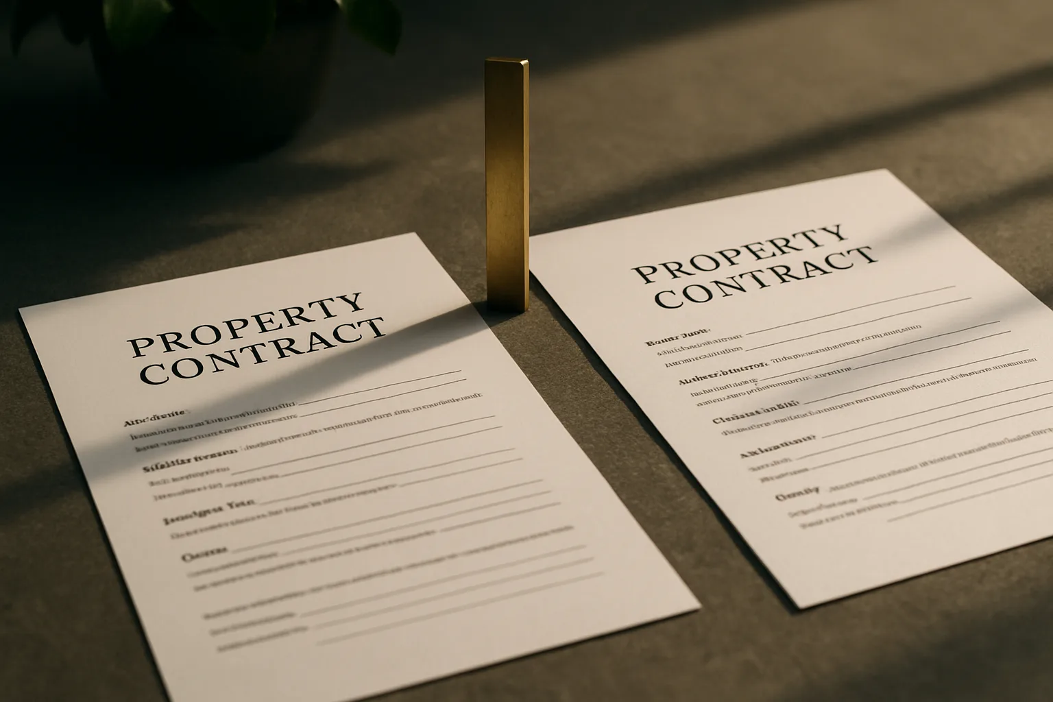 Two property contract documents laid side by side on a limestone surface with a bronze ruler between them, set against a blurred moss-green plant background.