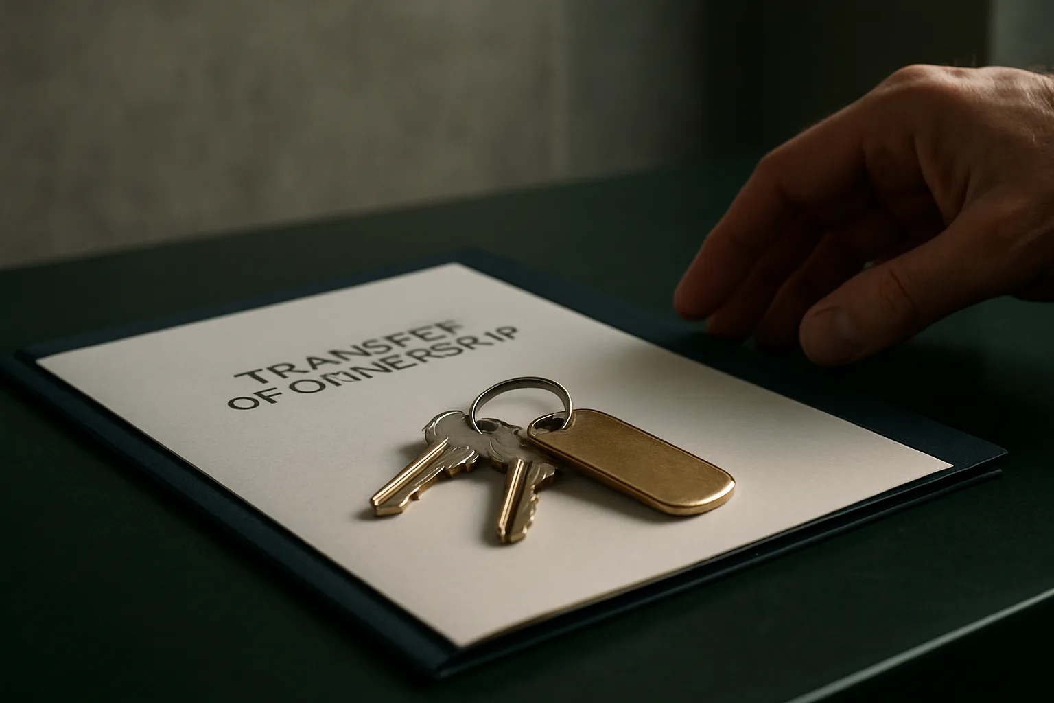 A set of house keys resting on an open transfer-of-ownership document folder on a dark green desk, with a concrete wall softly blurred behind.