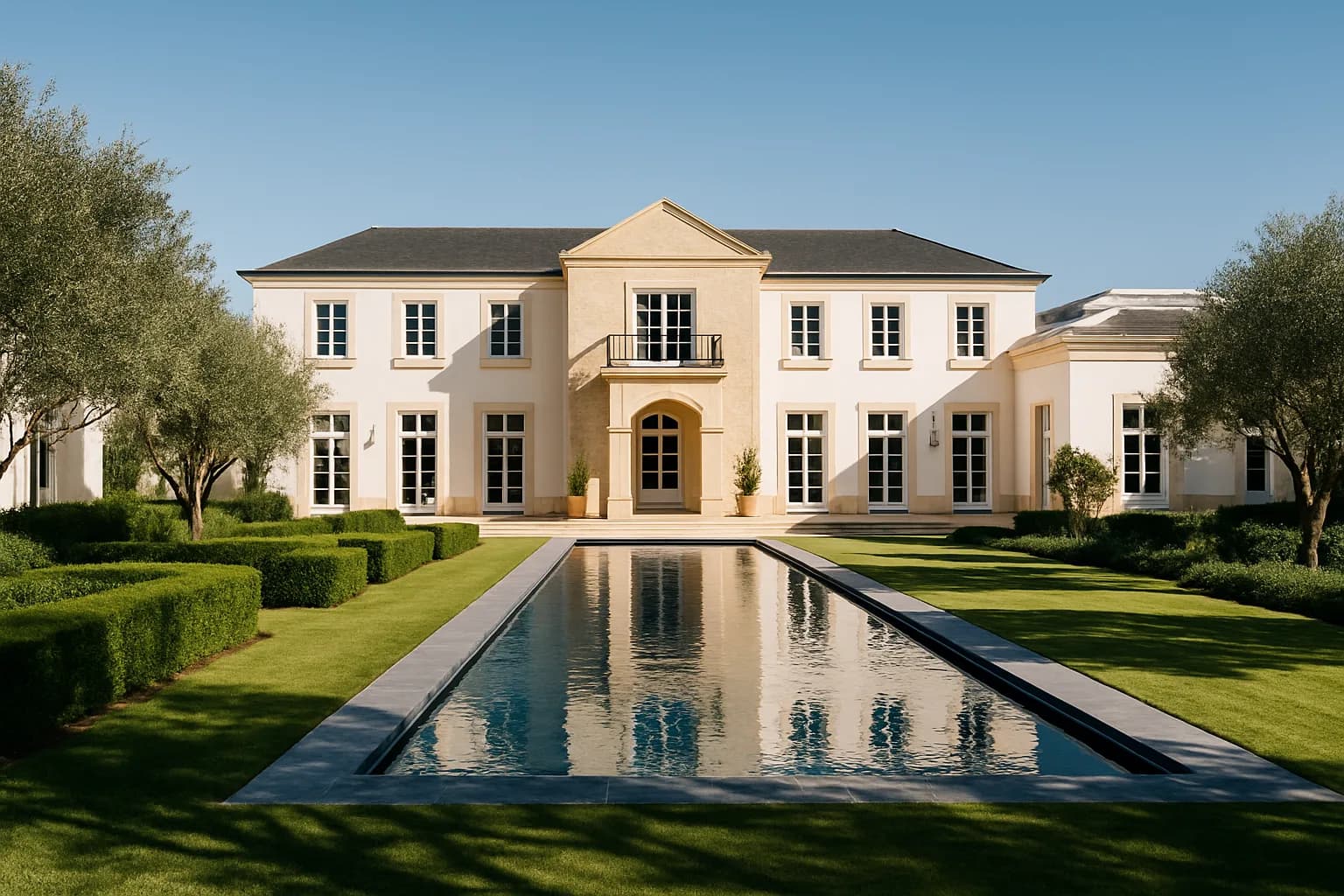 A sunlit luxury estate with a pristine pool and manicured gardens, representing the kind of high-value property transaction where resolutive conditions are carefully drafted to protect all parties involved.