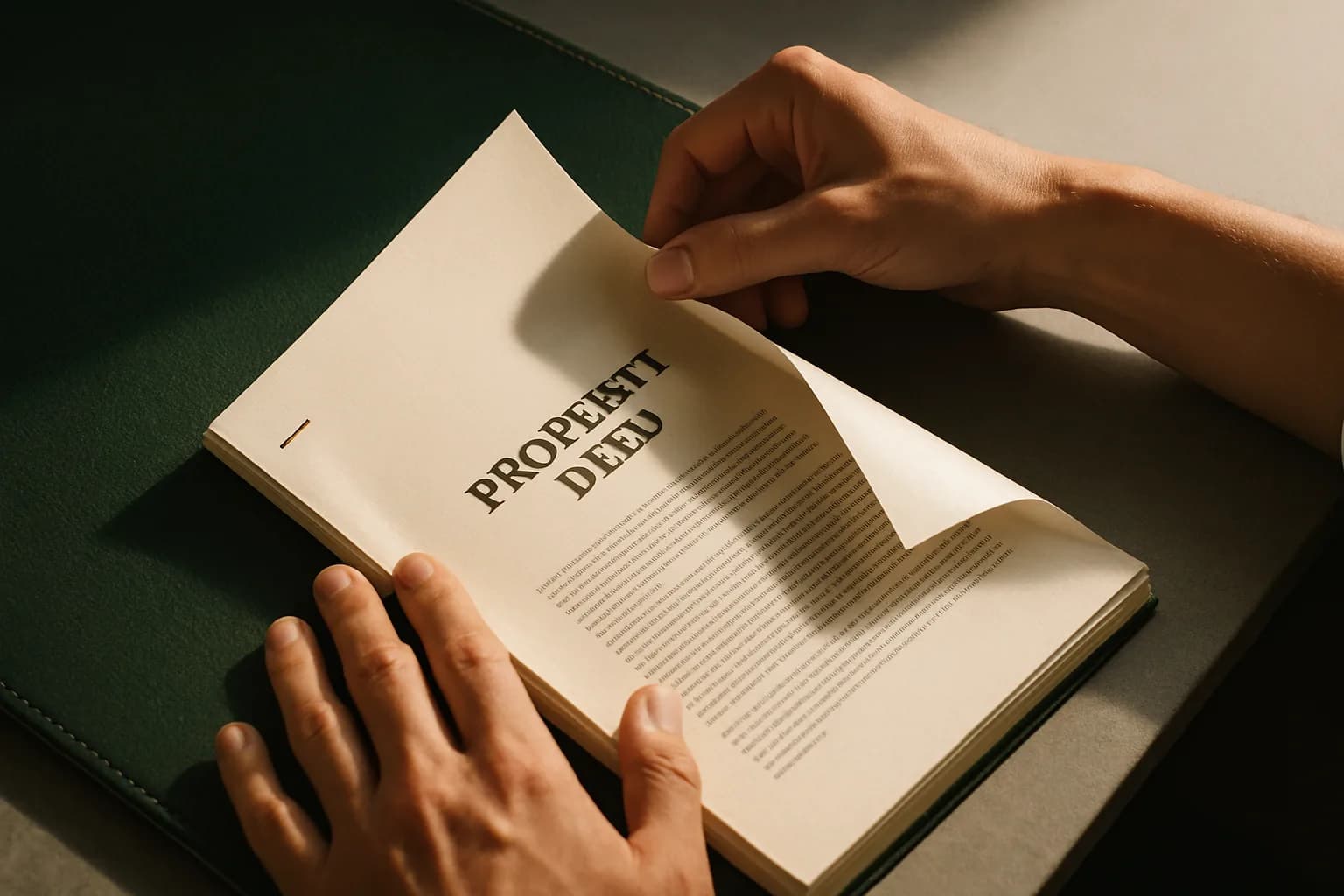 A pair of hands turning the page of an open property deed document on a dark green leather desk mat in warm afternoon light.