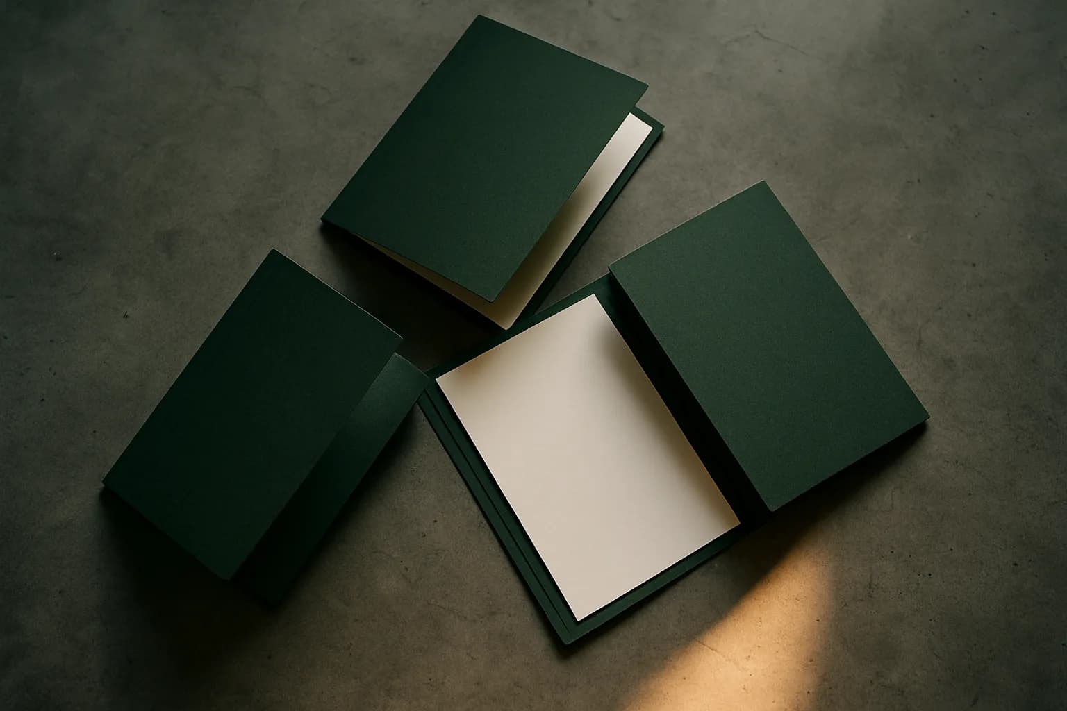 Three dark green document folders arranged in a triangular formation on a concrete floor, each open to reveal property transfer paperwork inside.