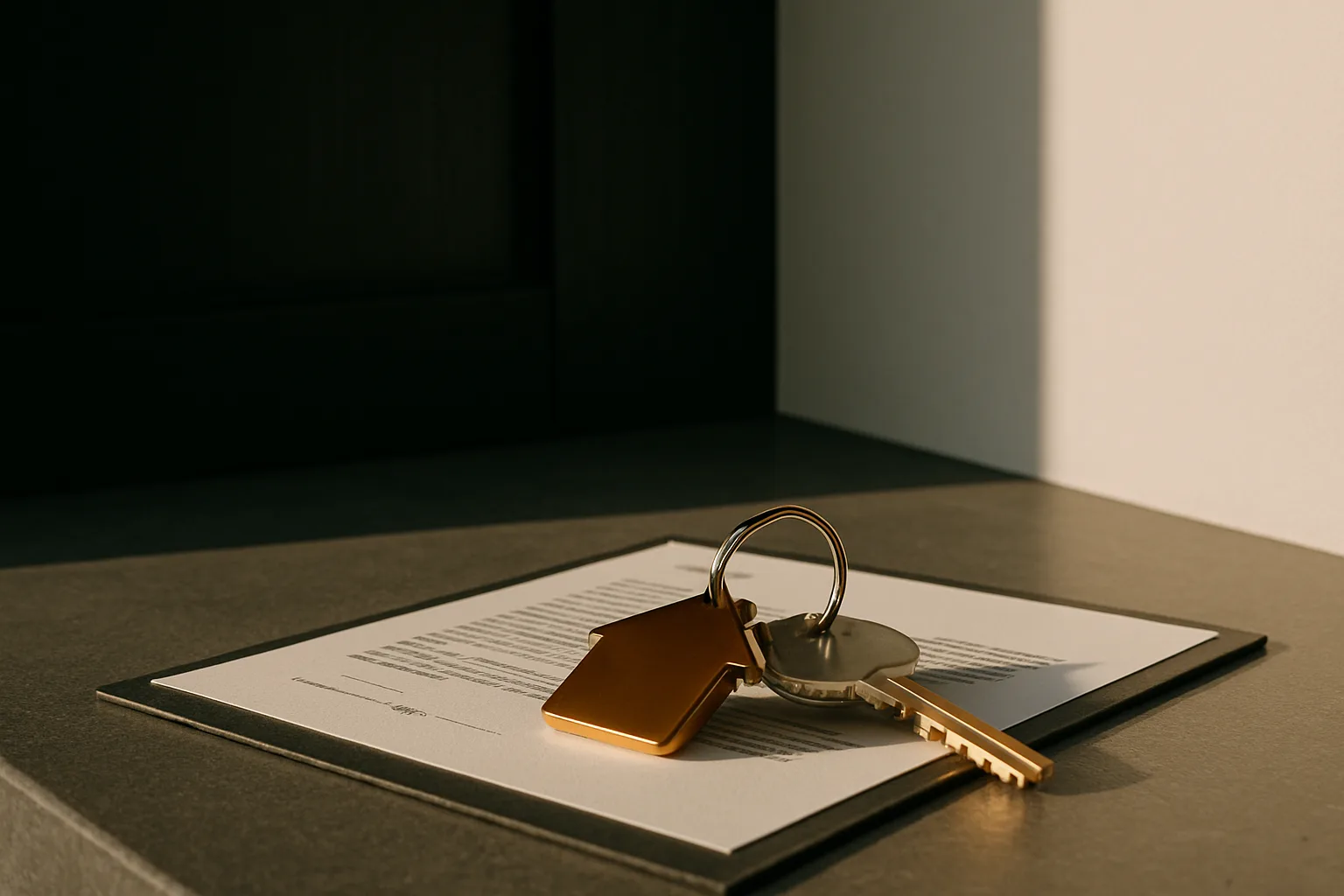 A set of property keys with a bronze fob resting on an official closed document atop a grey stone surface beside a dark timber architectural wall panel.