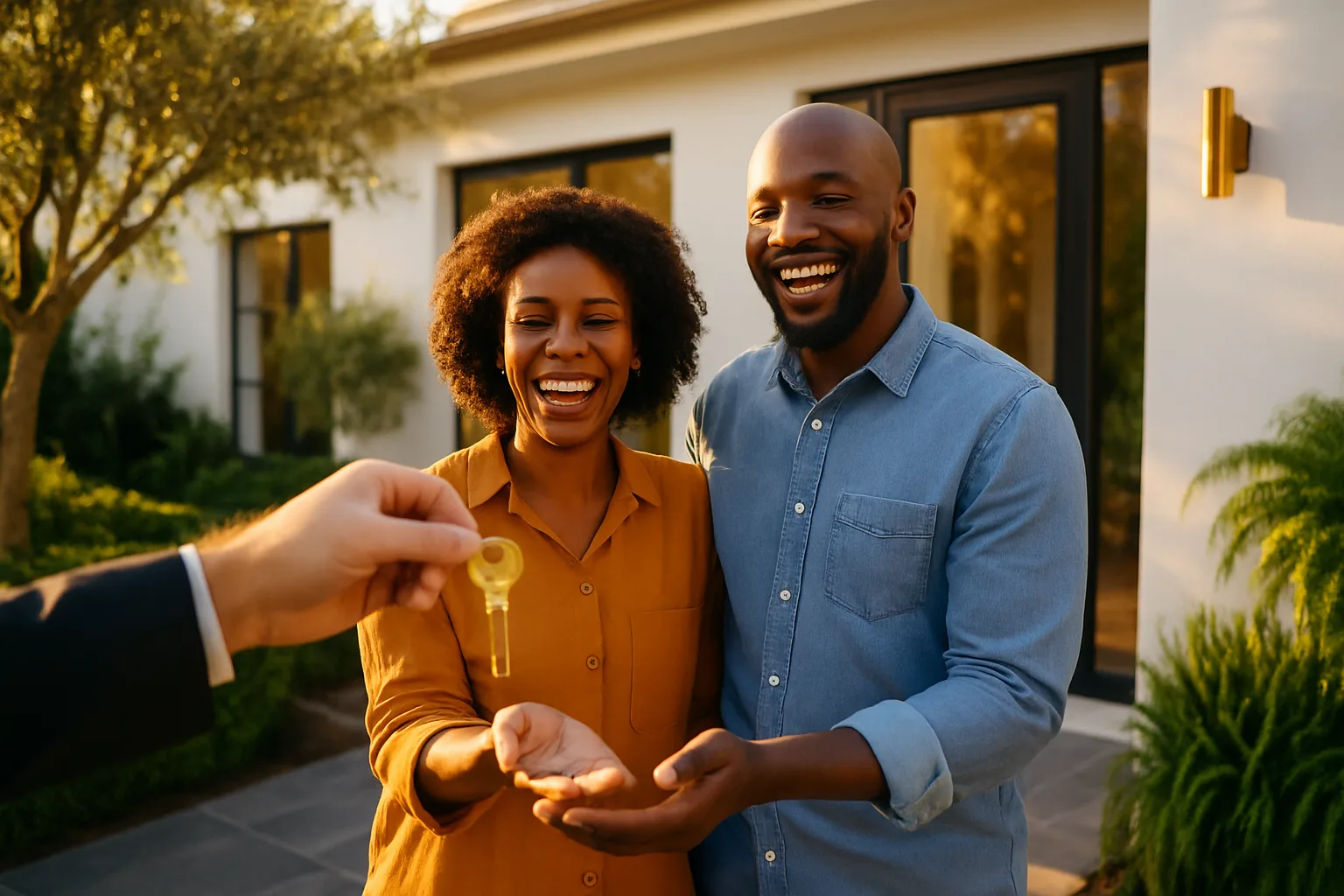 A happy South African couple smile as they receive their new home keys, a milestone made possible through simultaneous registration of the transfer and bond at the Deeds Office on the same day.