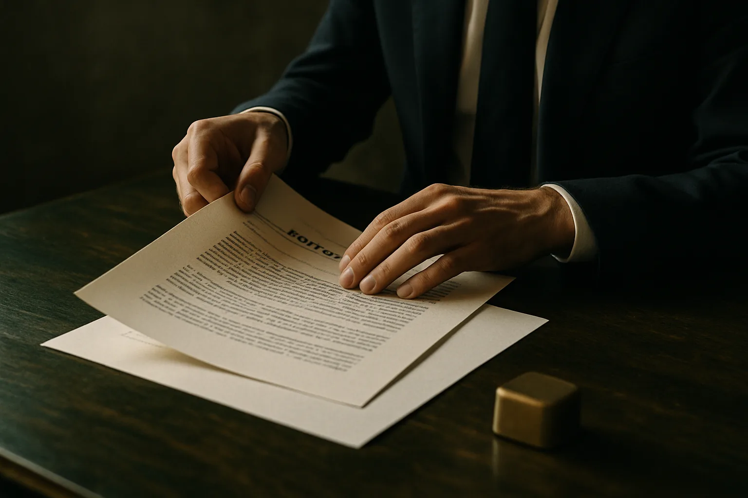 Close-up of hands turning the page of a formal property sale contract on a dark oak desk, with afternoon light highlighting the paper texture.