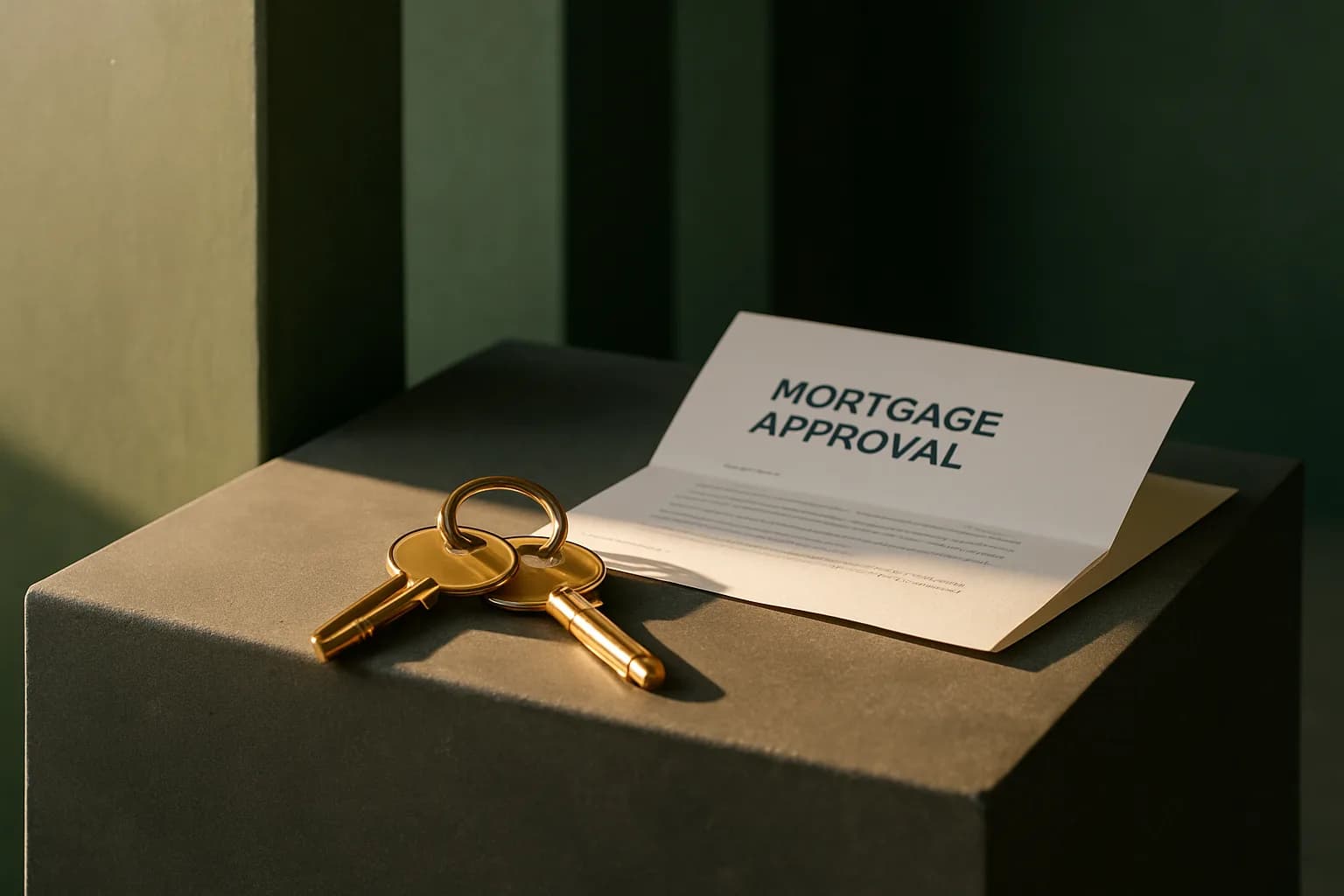 Polished brass house keys resting on a concrete plinth beside a folded mortgage approval letter, lit by warm afternoon sunlight.