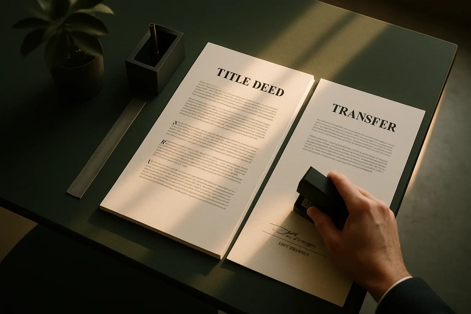 Top-down view of a title deed and transfer document on a dark green desk, with a hand pressing an ink stamp beside a steel ruler and charcoal pen holder.