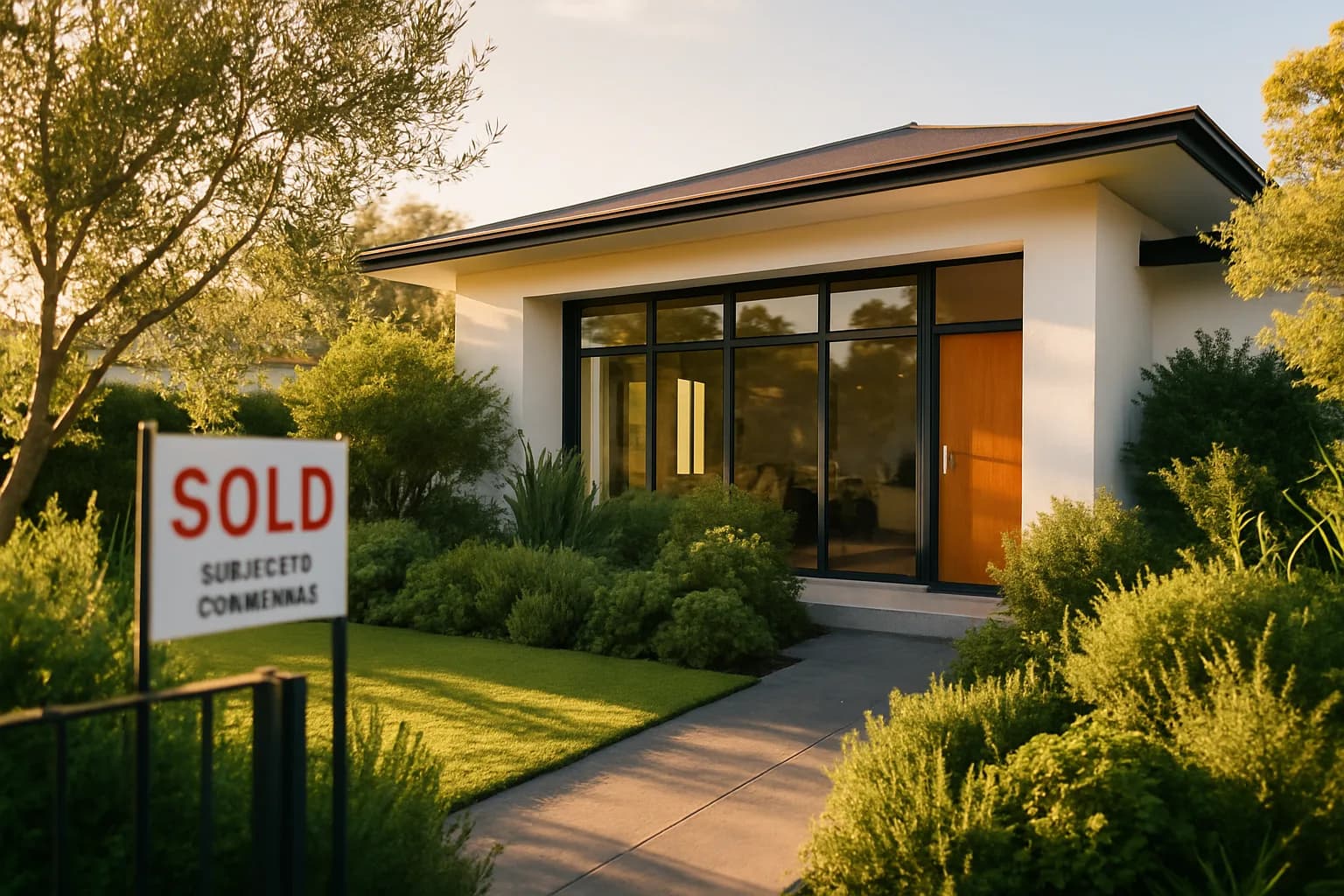 A luminous modern South African home at golden hour with a lush green garden, representing a property sale subject to suspensive conditions.