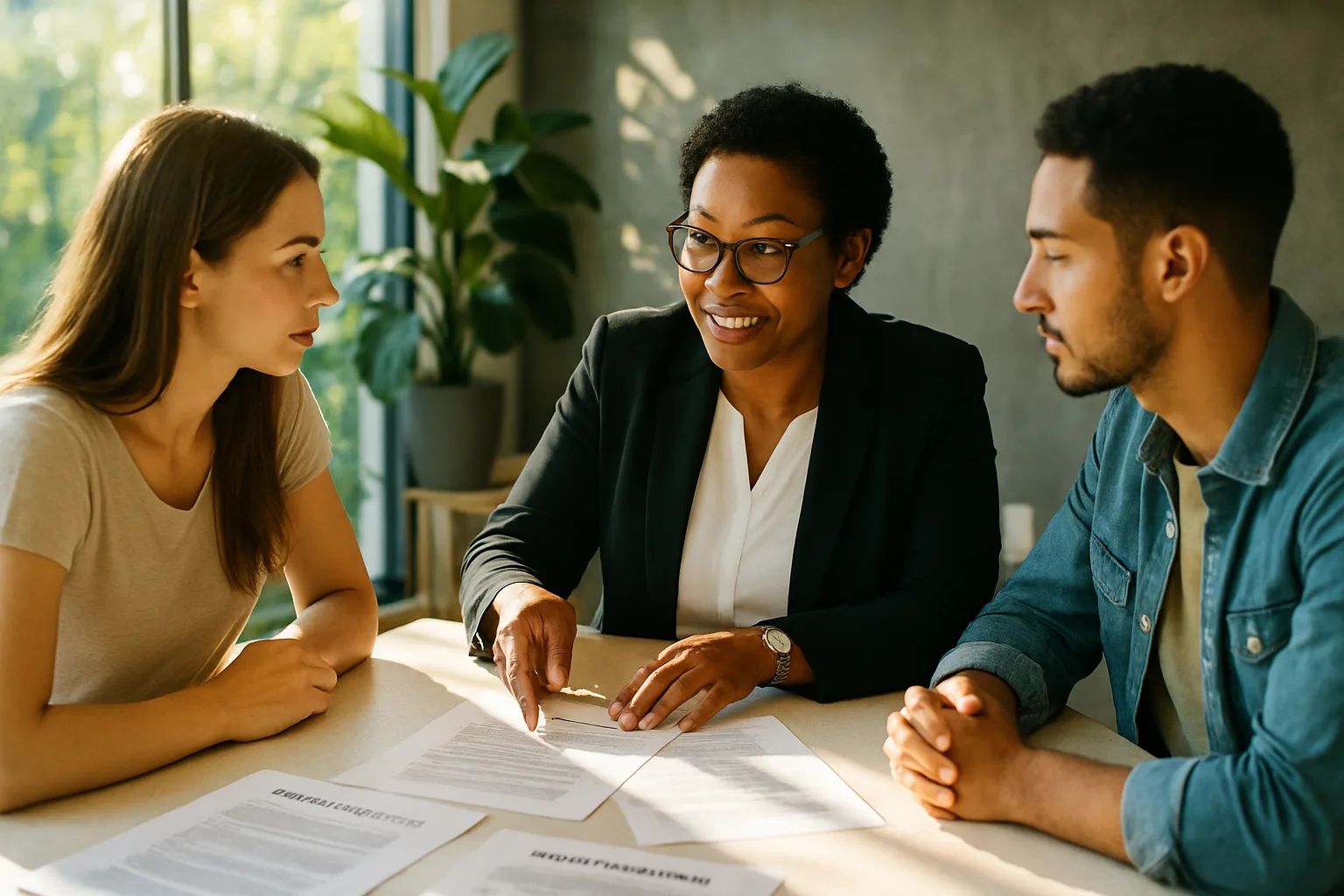 A South African conveyancing attorney explaining offer-to-purchase documents to a couple at a bright sunlit consultation table.