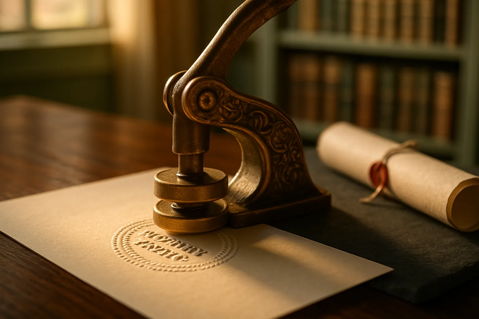 A notary's brass embossing seal pressing into a cream legal document on a hardwood desk, with soft-focus law bookshelves in the background.