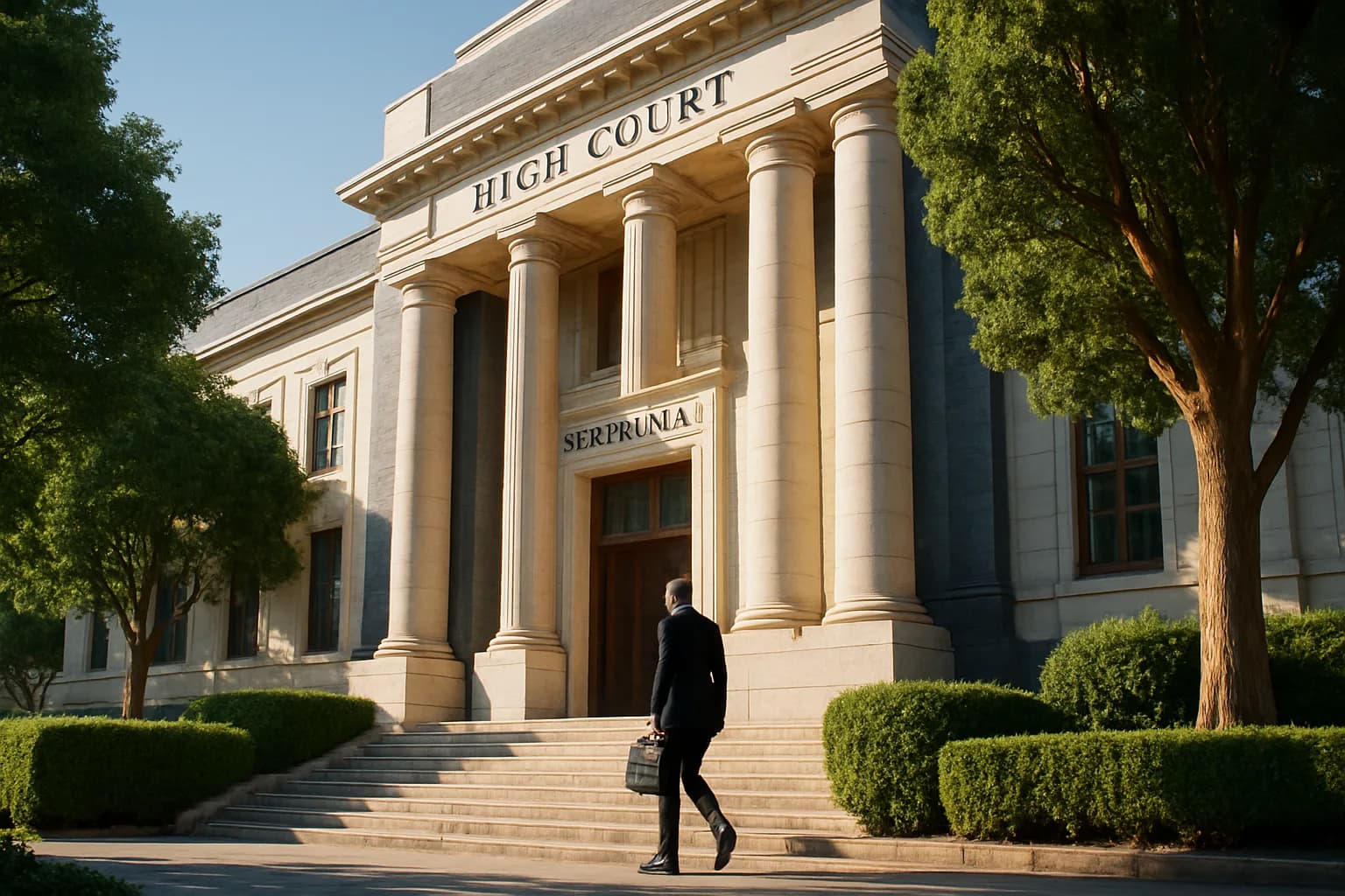 The sunlit exterior of a South African High Court building with limestone columns, green hedging, and an attorney ascending the entrance steps.