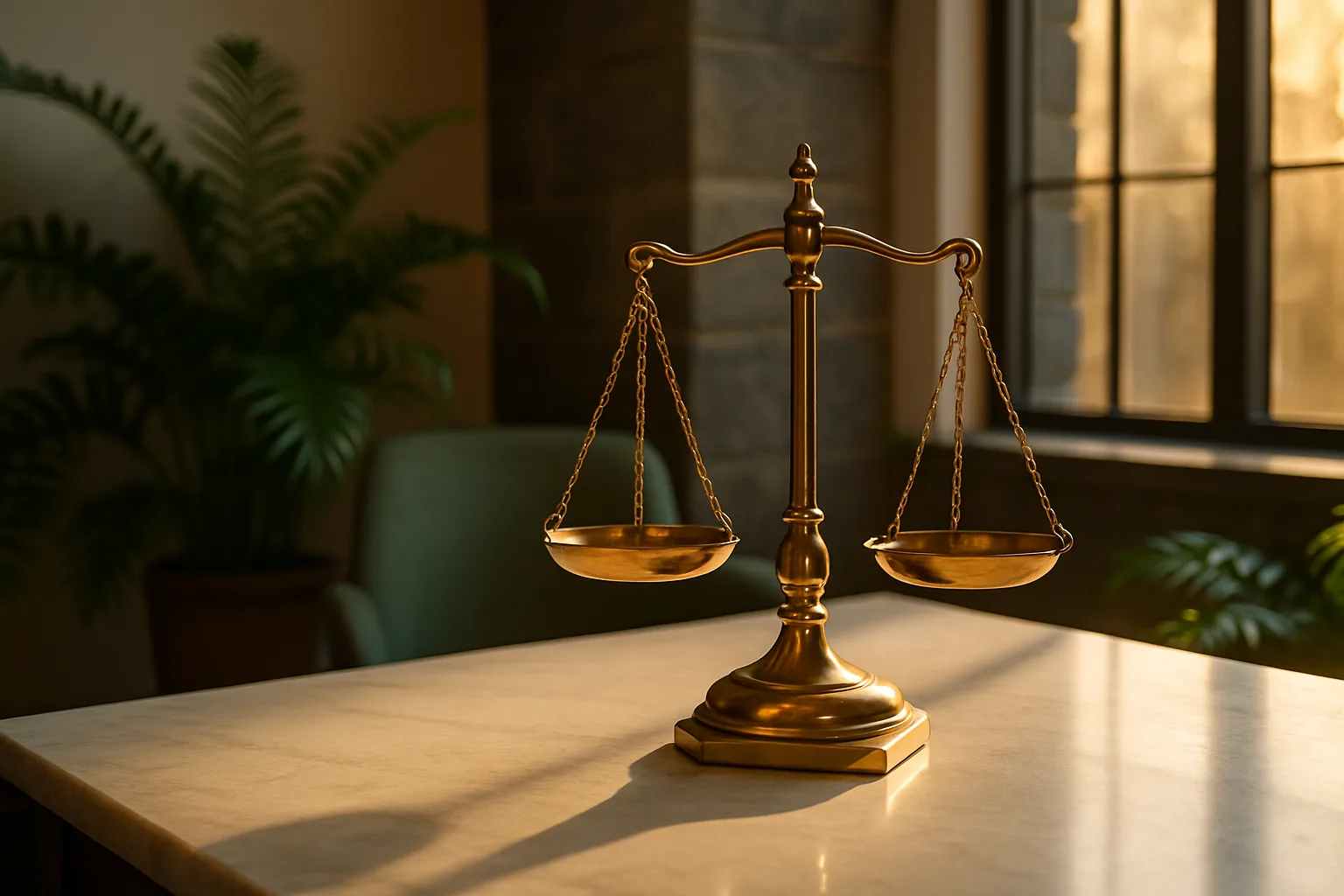 Polished brass scales of justice on a sunlit marble surface representing a bond decline property legal consultation at a South African conveyancing firm.