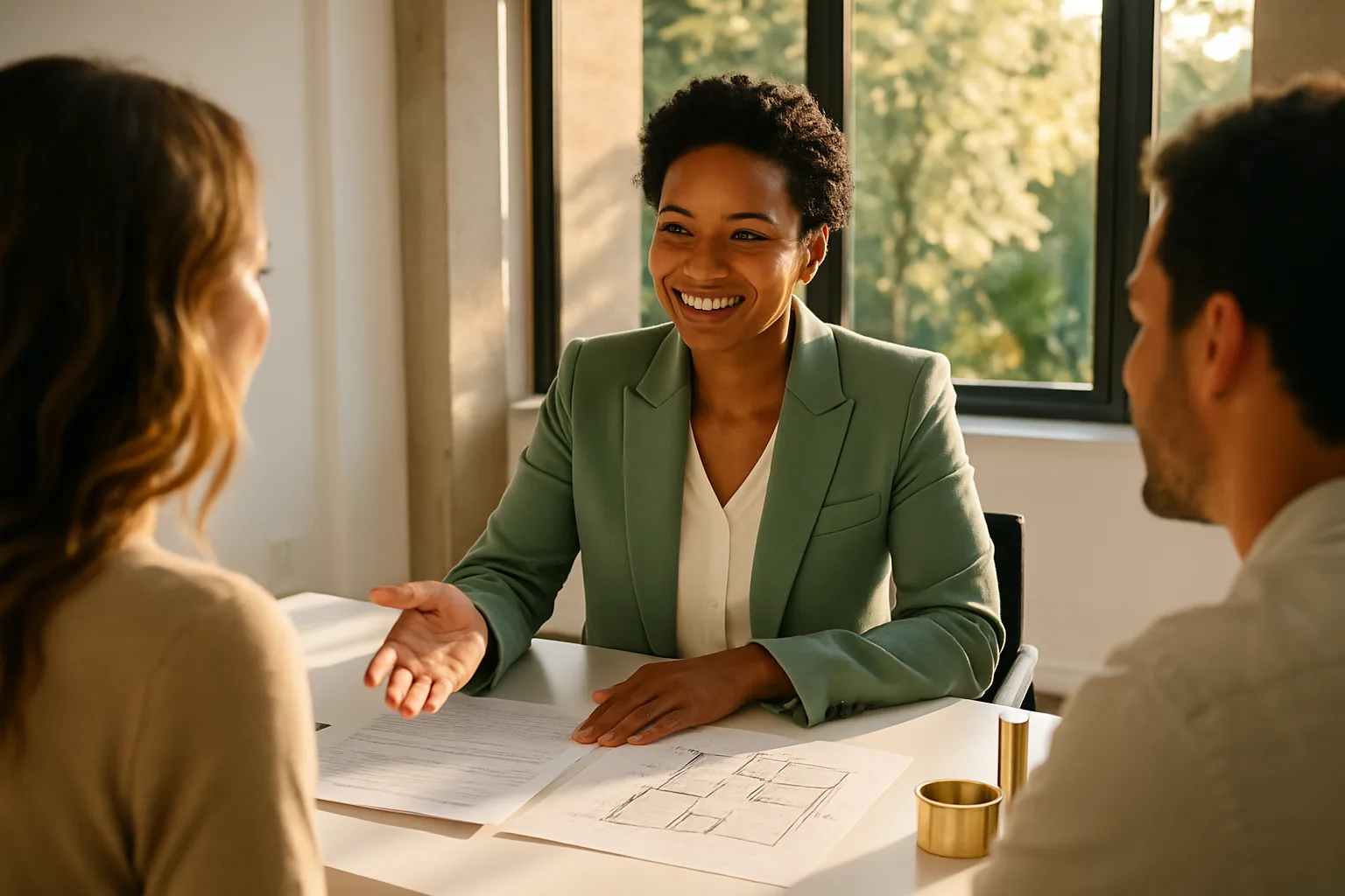 A South African conveyancer explaining property finance documents to a couple in a bright sunlit meeting room with tall windows and lush greenery outside.