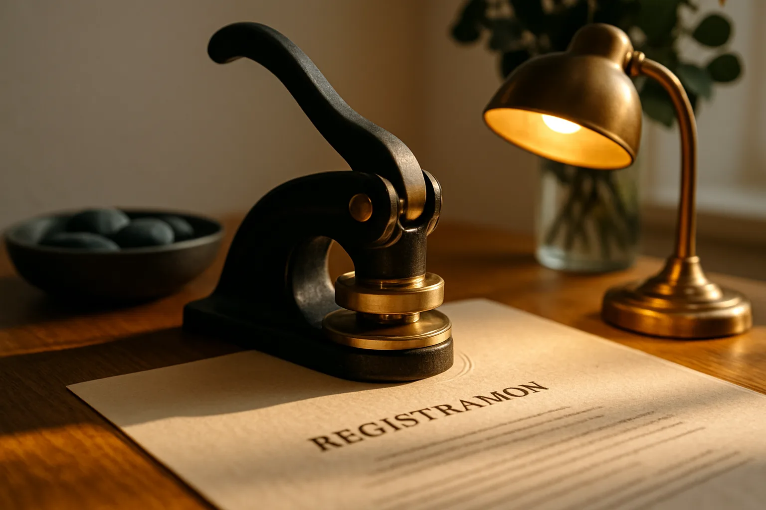 A notary's brass embossing seal pressing into cream bond registration paper on a sunlit hardwood desk, with a vase of green eucalyptus branches in the background.