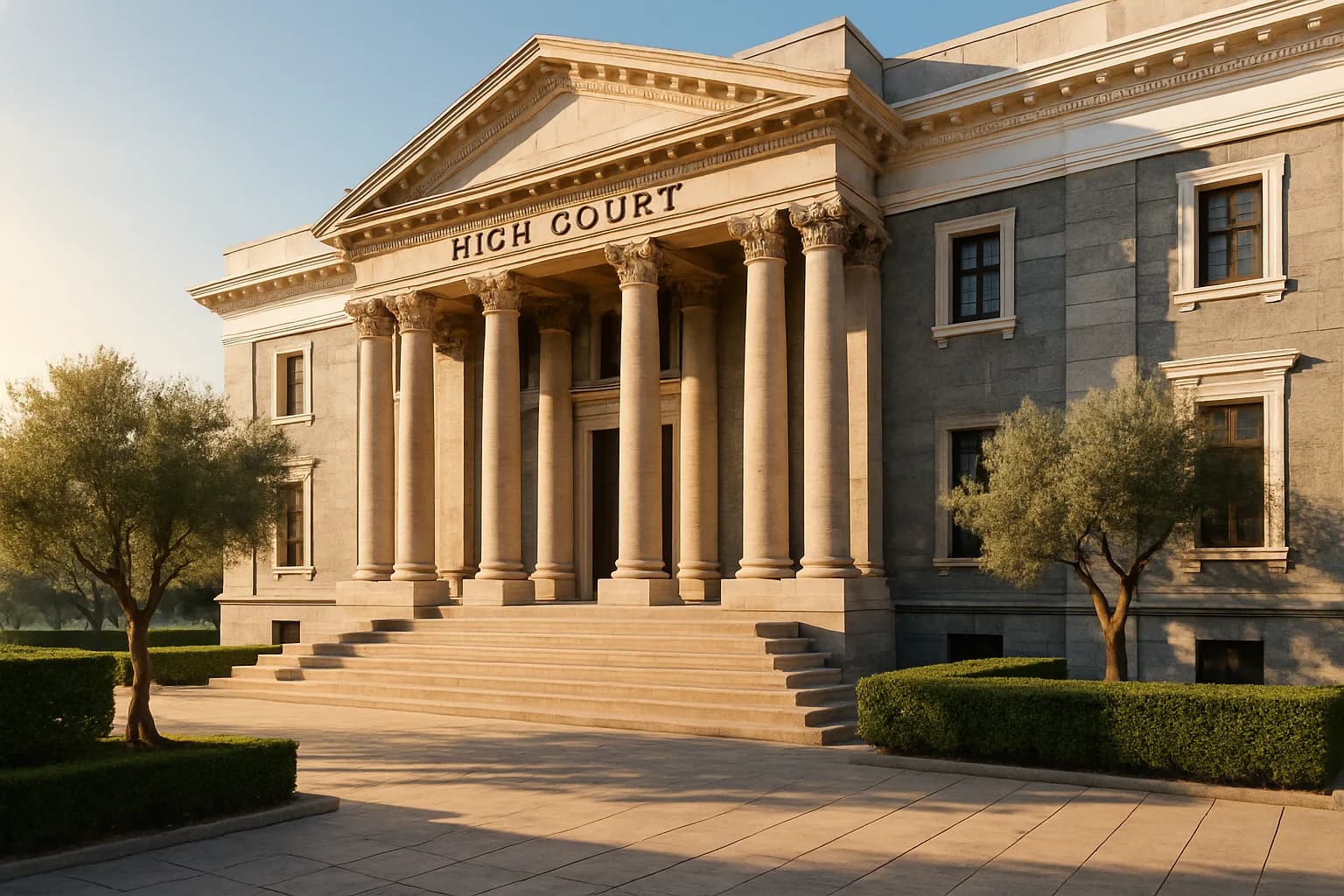 The grand limestone exterior of a South African High Court building with sandstone steps, deep-green hedges and warm morning sunlight casting long shadows across the forecourt.