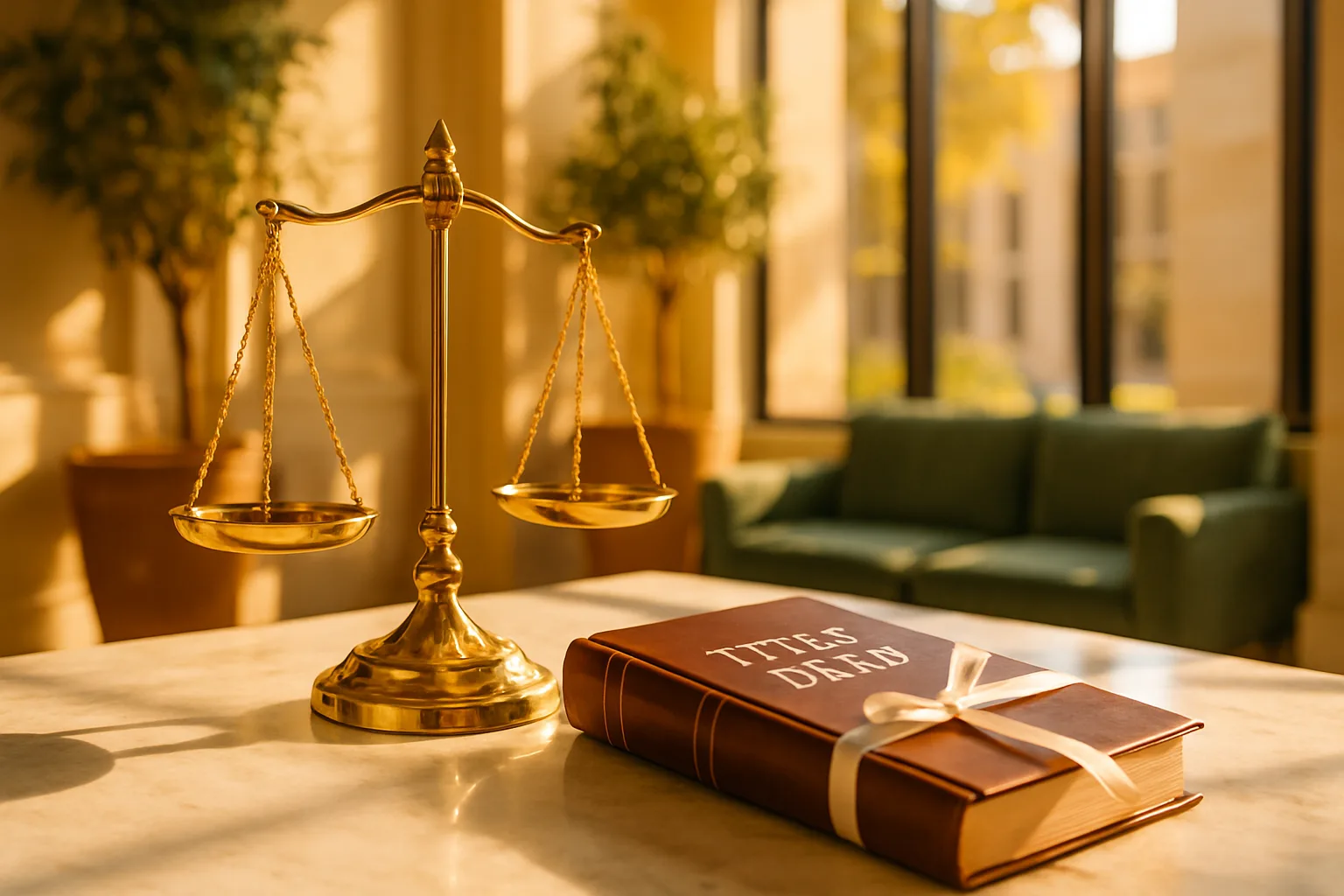Polished brass scales of justice resting on a sunlit marble surface beside a leather-bound title deed, representing the legal world of bonds and property finance in South Africa.