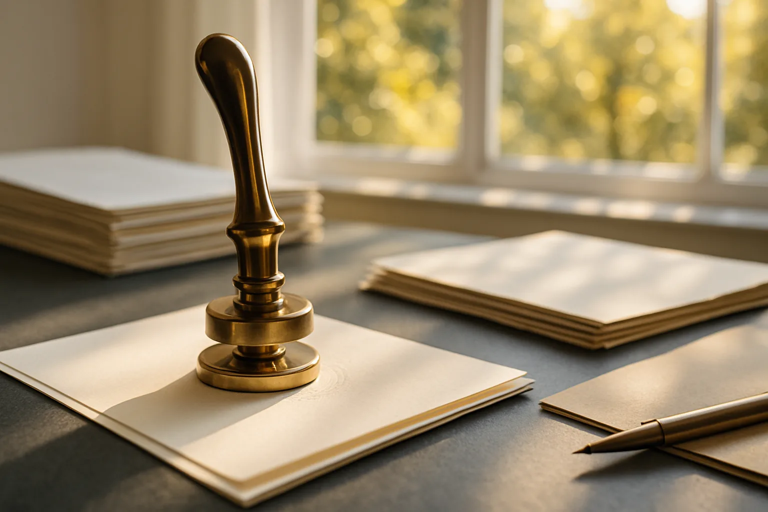A brass notary embossing seal pressing into a cream legal document on a marble desk, with sunlit green garden foliage visible through a window behind.