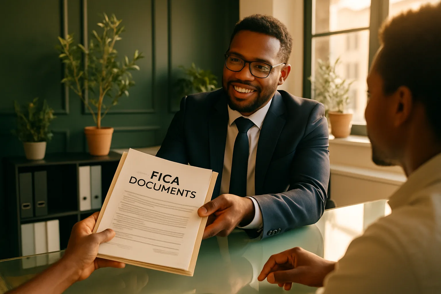 A conveyancing attorney handing FICA documents to a client across a bright glass desk in a sunlit modern law office.