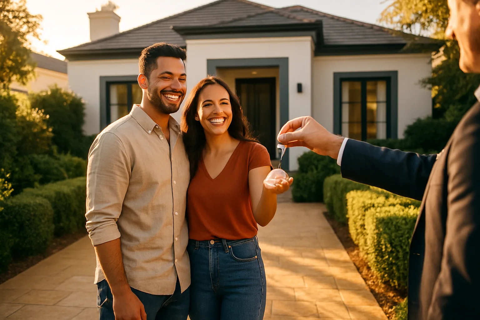 A couple receiving house keys from a conveyancer outside a bright contemporary South African home surrounded by lush green landscaping.