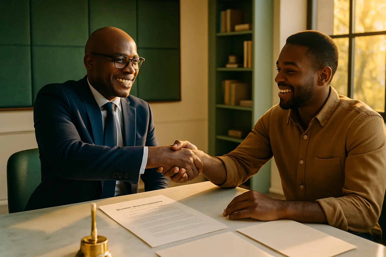 A conveyancer and homebuyer reviewing documents together at a sunlit office table, illustrating the buyer's obligations during a property transfer.