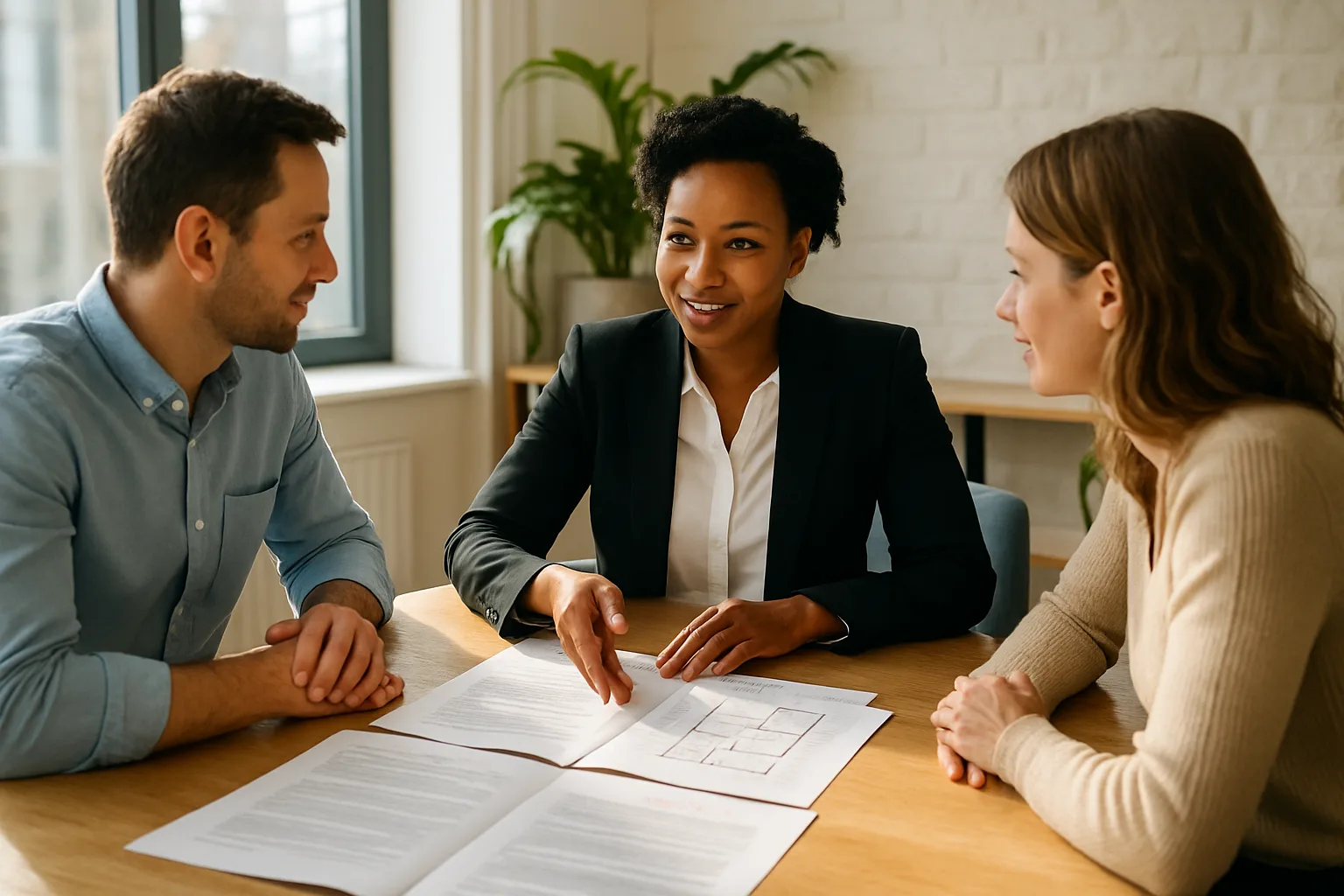 A conveyancer calmly discussing transfer documents with a buyer and a seller across a sunlit boardroom table, with lush green plants and tall windows in the background.