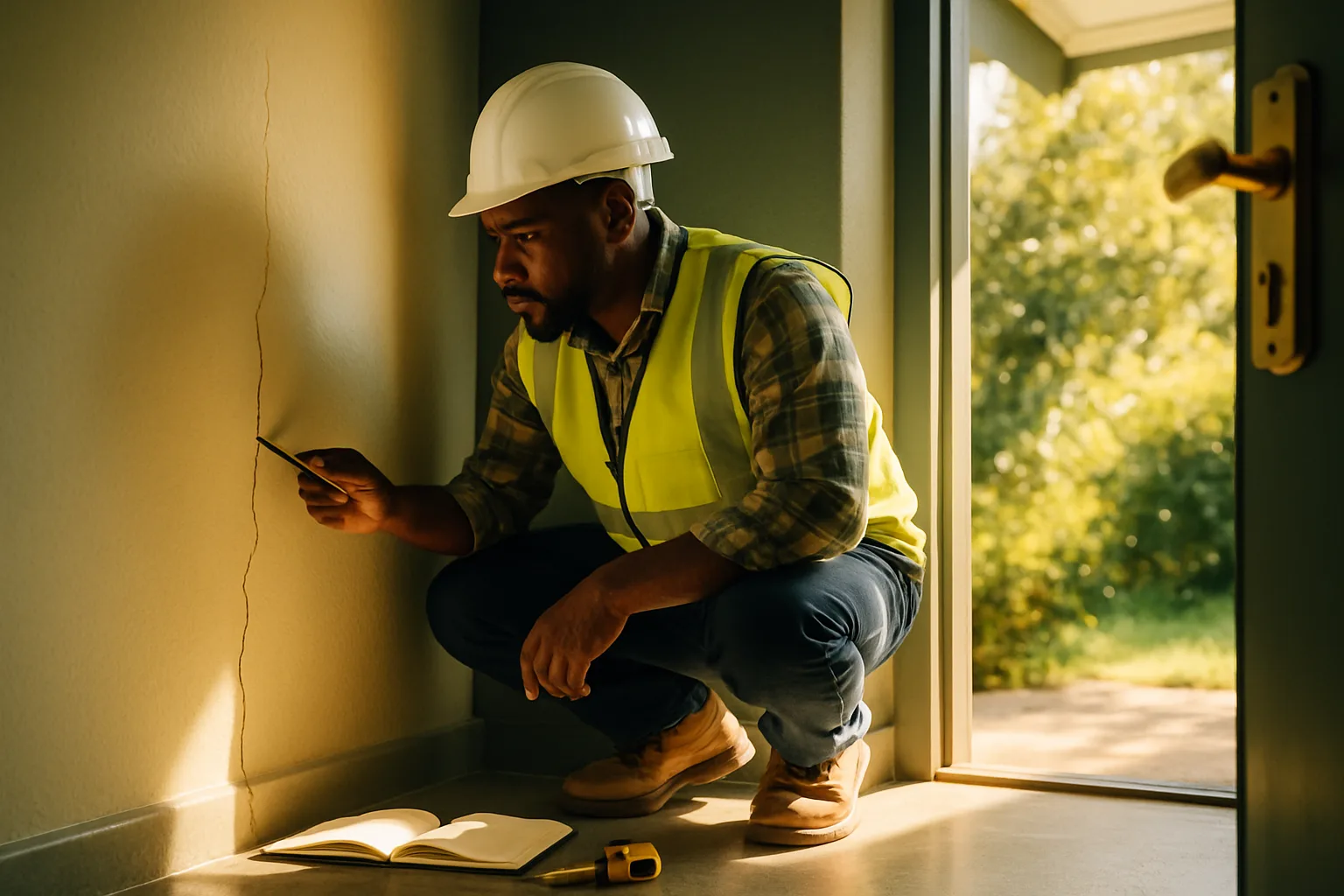 A building inspector crouching beside an interior wall examining a concealed crack, with a sunlit lush green garden visible through an open glass door behind them.