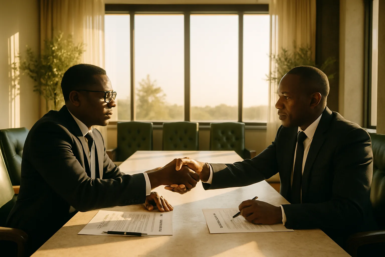 Two attorneys reaching a tentative handshake across a pale limestone conference table in a bright sunlit mediation room lined with moss-green chairs and tall windows.