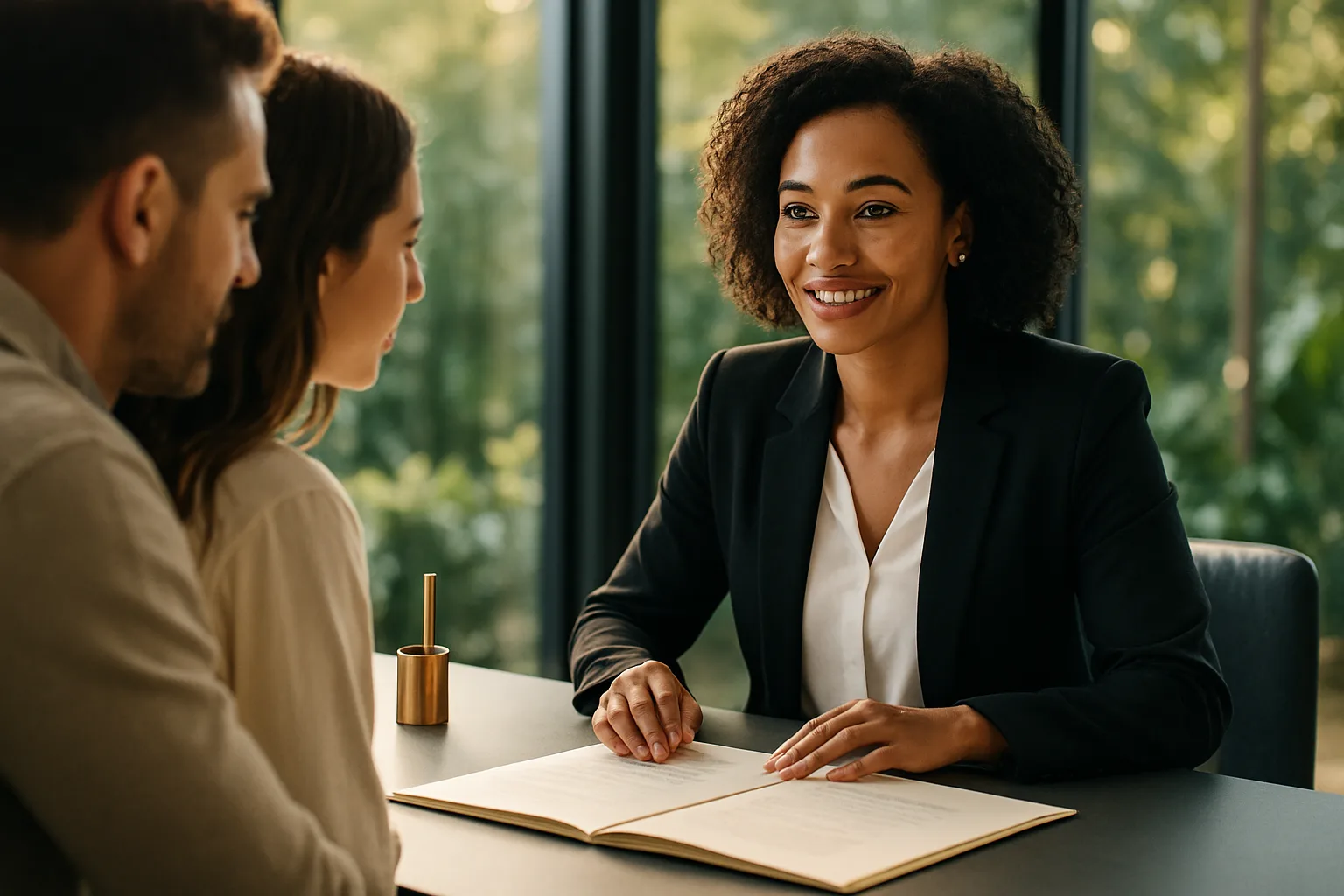 A South African conveyancer explaining transfer documents to a couple across a bright consultation table in a sunlit modern office.