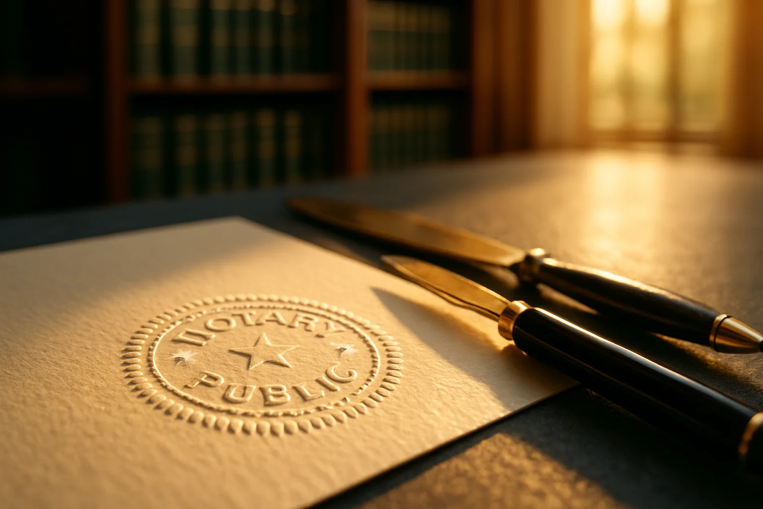 A notary's embossing seal pressed into a cream legal document on a slate grey desk, with law books blurred softly in the warm background.