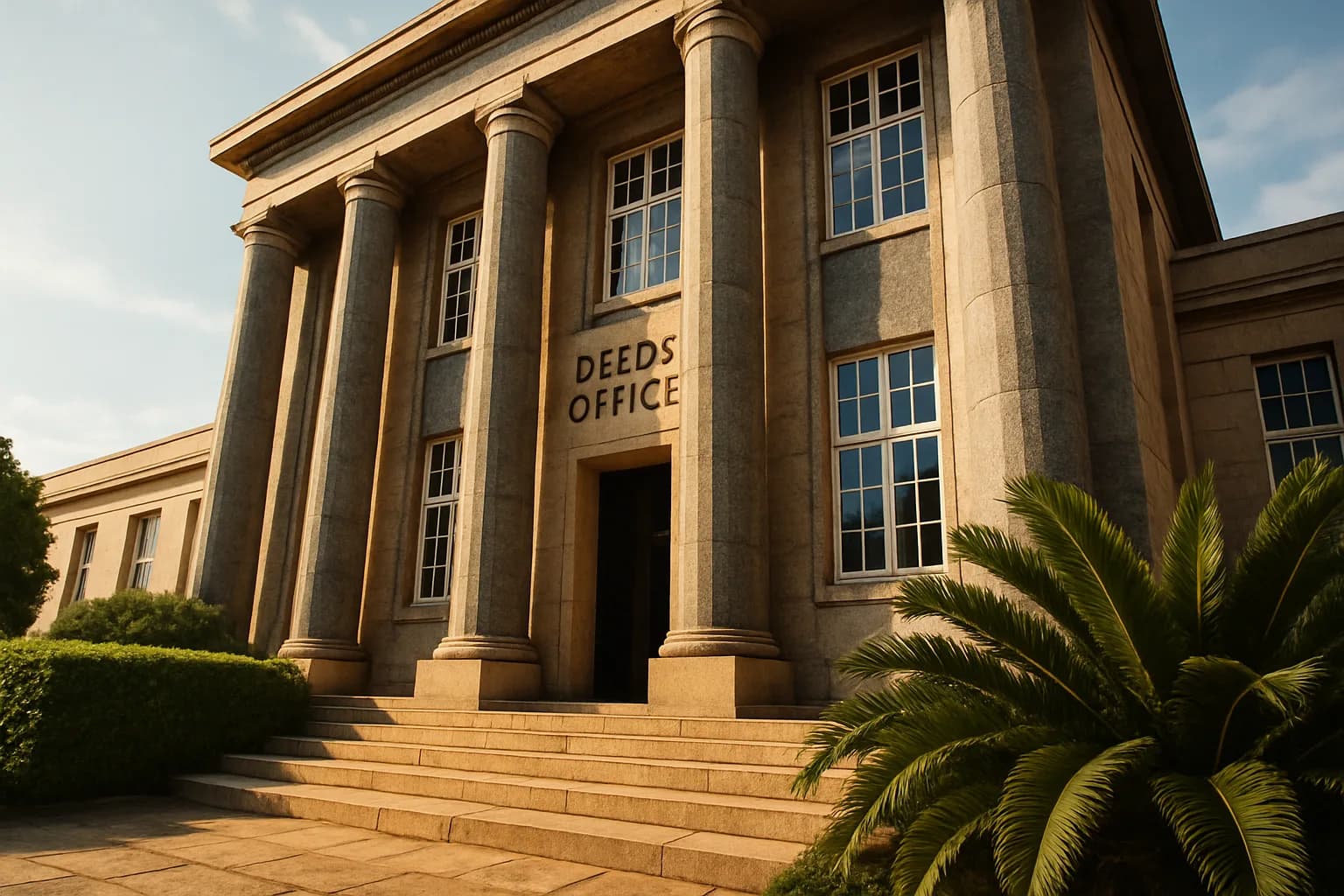 The sunlit exterior of a South African Deeds Office building with concrete columns, flanked by lush green hedges and bathed in warm golden morning light.