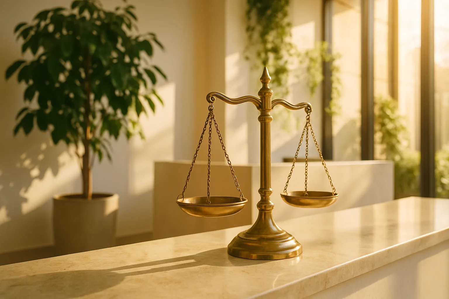 Polished brass scales of justice on a sunlit limestone surface in a bright law firm, representing common property transfer problems that can stall or complicate a sale.
