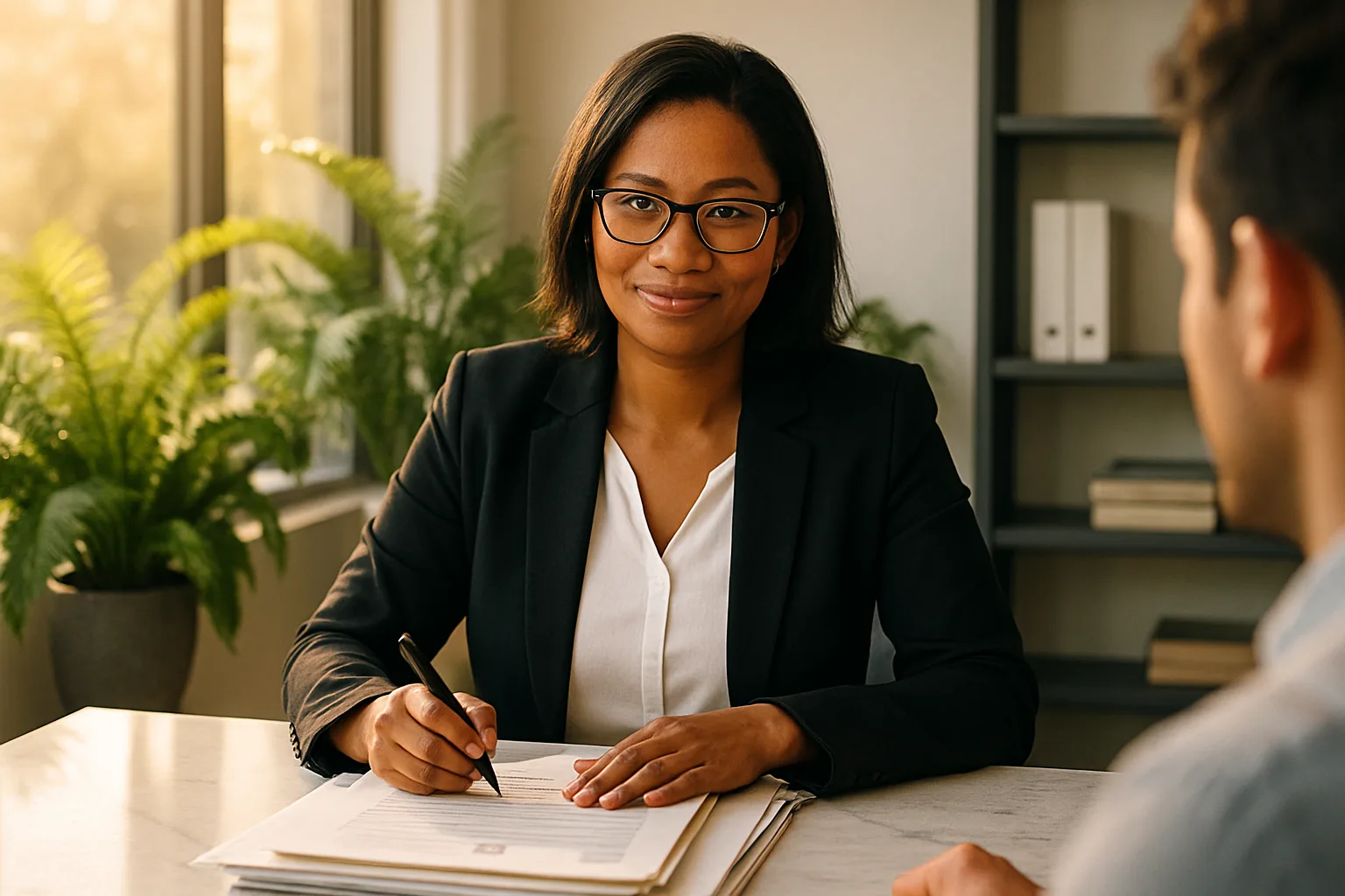 A female conveyancer and client reviewing property transfer documents together at a bright marble desk in a sunlit South African law office.