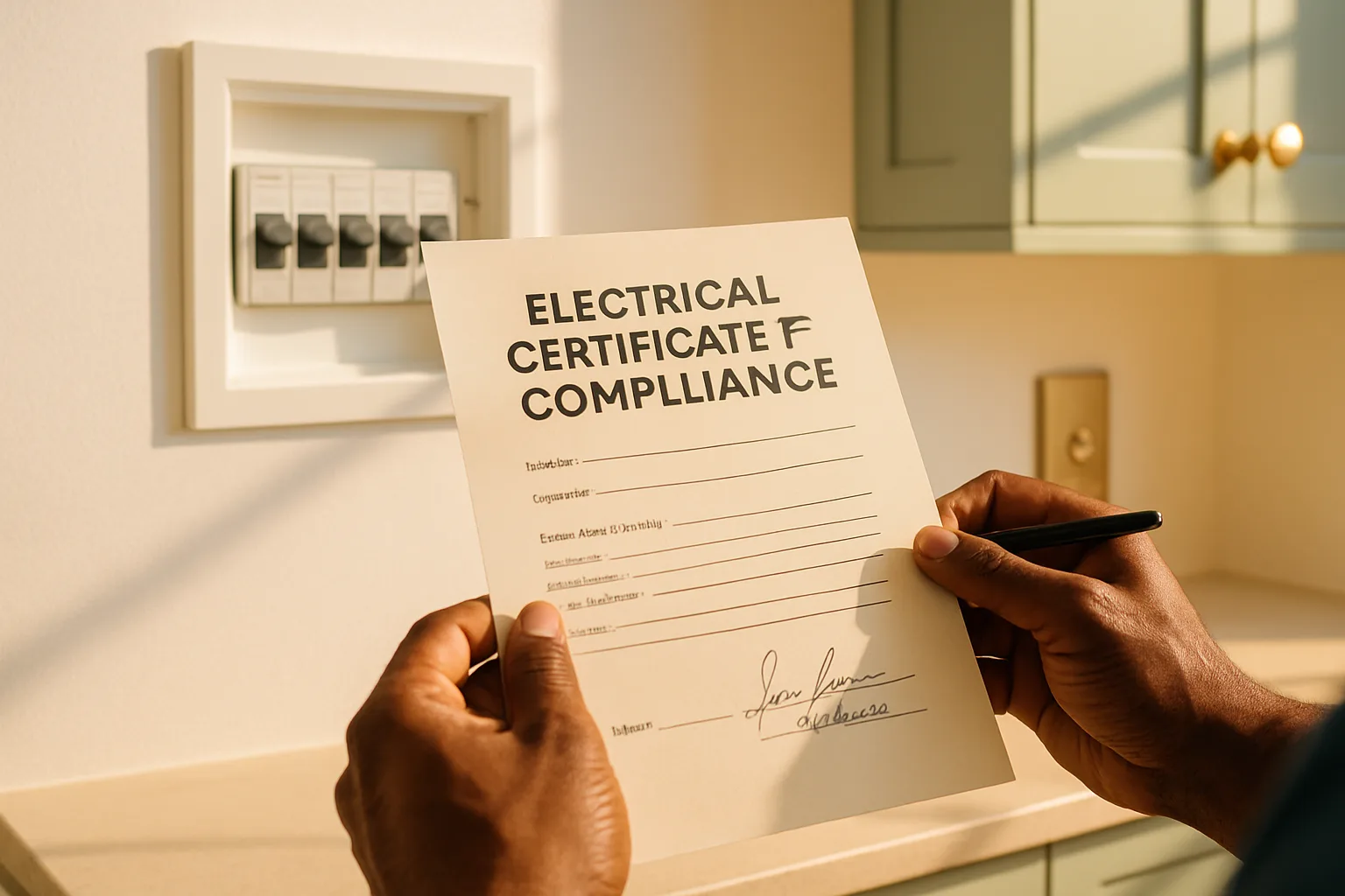 A professional electrician holding a signed electrical compliance certificate in a bright modern South African home interior with a distribution board visible in the background.