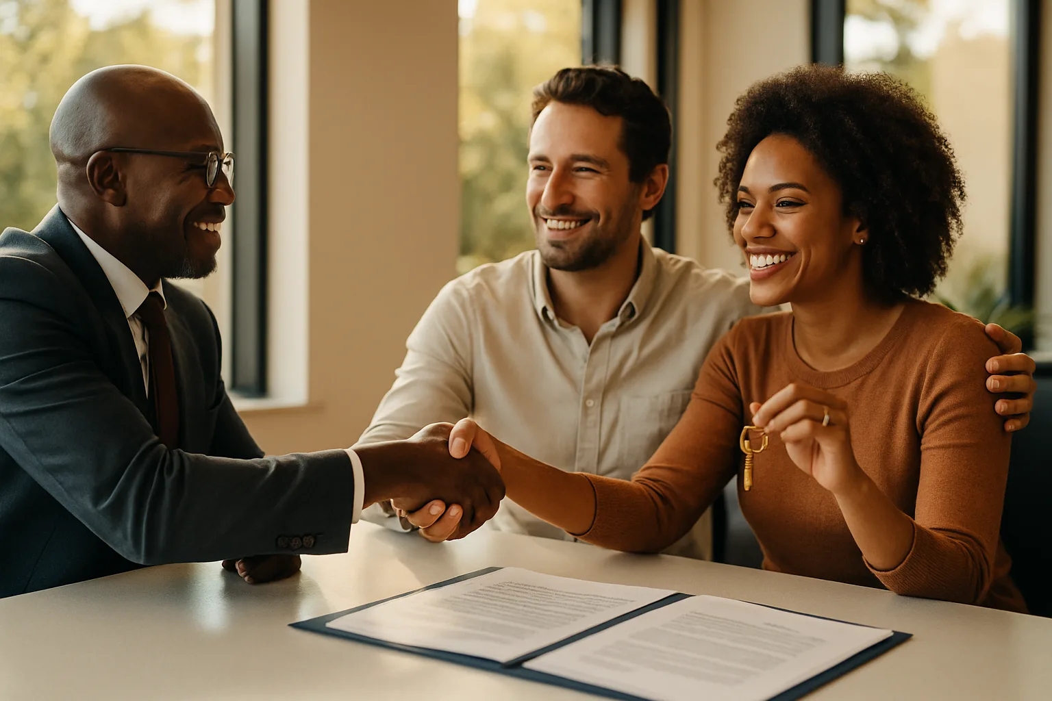 A conveyancer handing brass house keys to a couple across a bright boardroom table with transfer documents open beside them, symbolising the completion of a property registration.