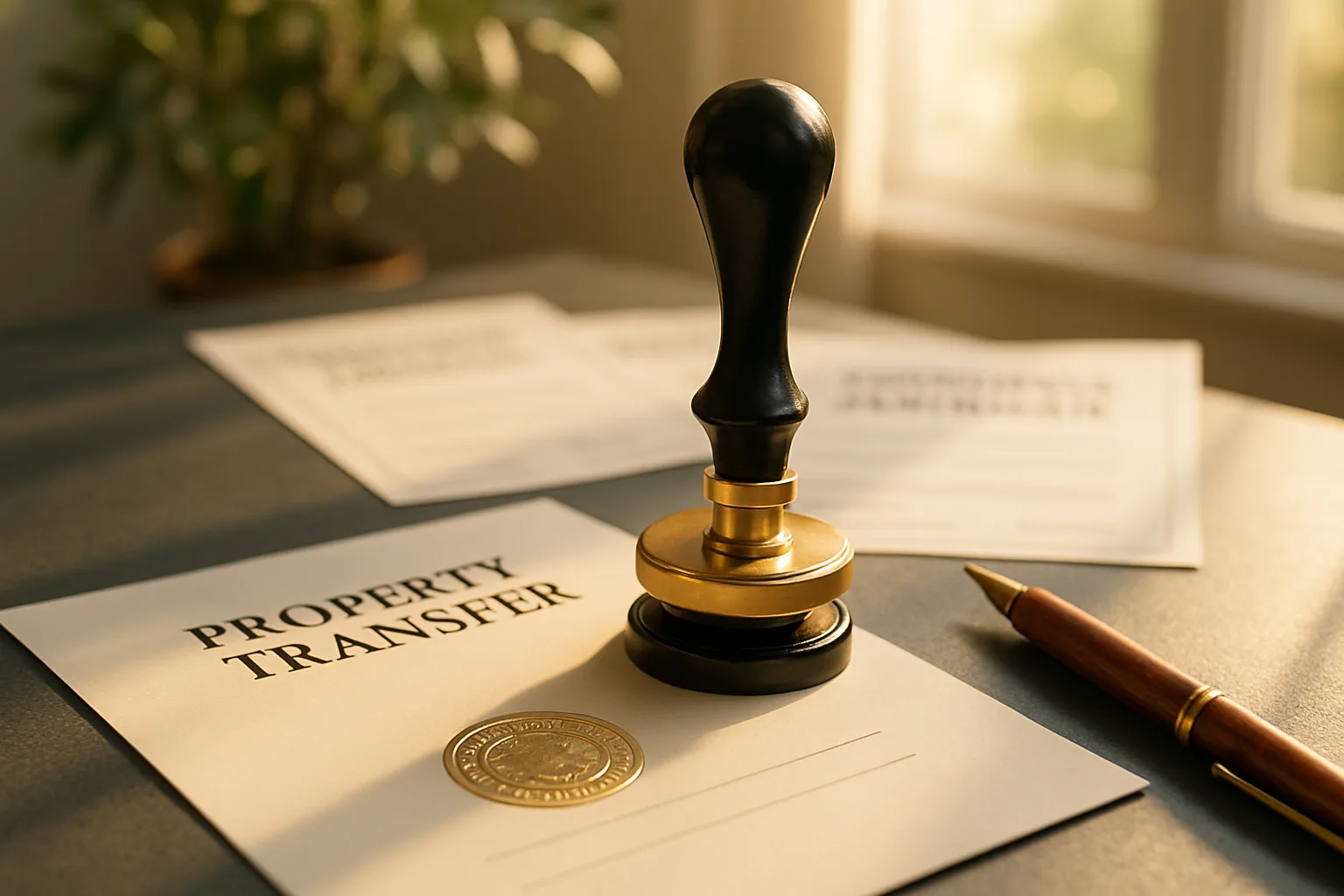 A polished brass notary seal pressed onto property transfer documents alongside compliance certificates on a sunlit slate desk, representing the compliance certificates required in a property transfer.