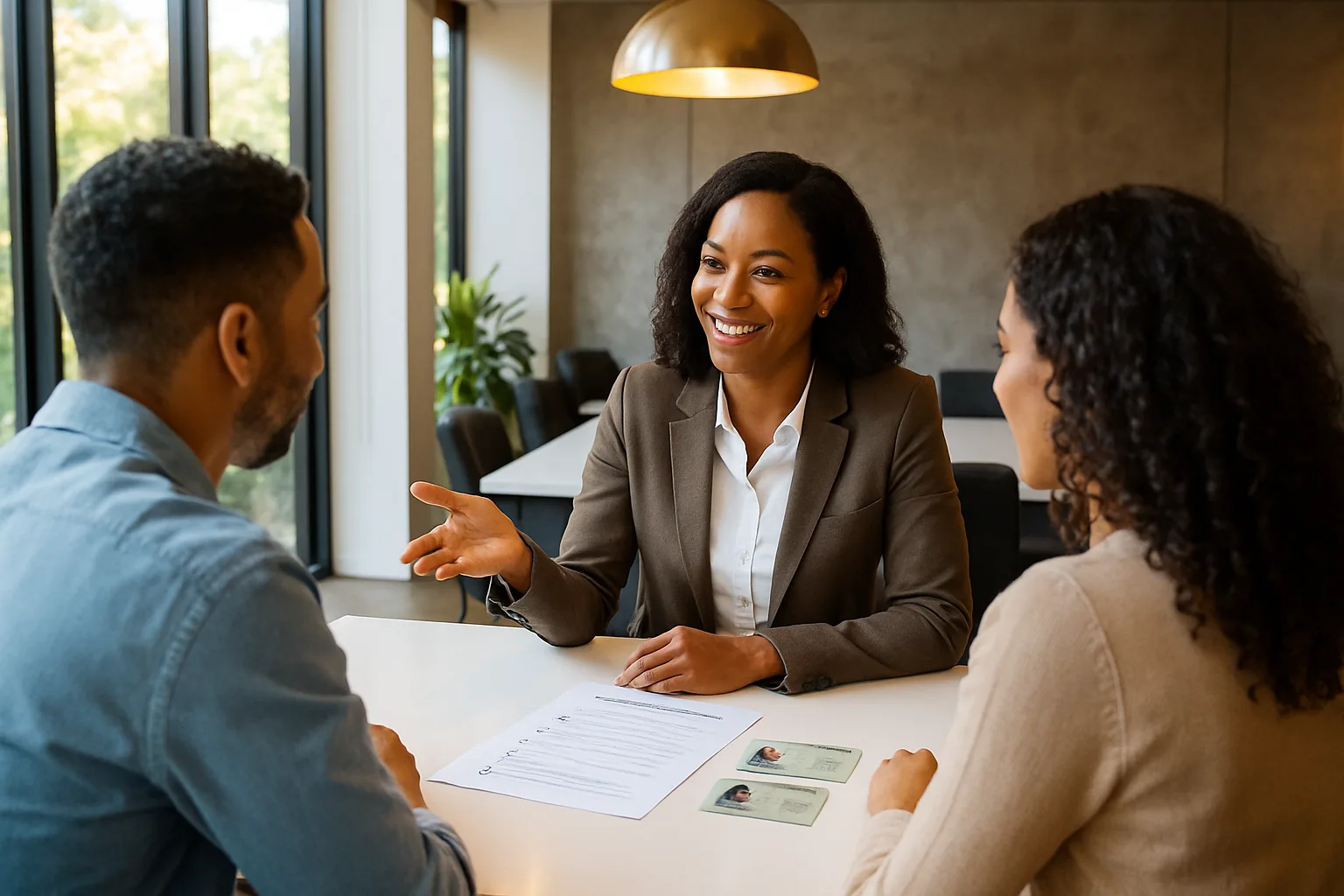 A South African conveyancer consulting attentively with a couple across a bright boardroom table, identity documents and a compliance checklist visible between them, with sunlit green garden views through large windows behind.