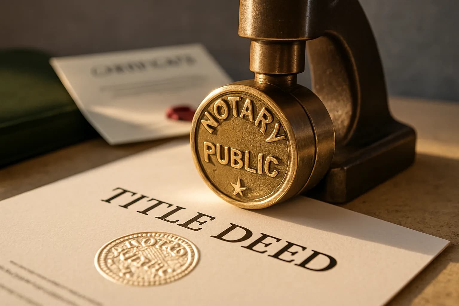 A brass notary embossing seal pressed into a cream title deed document on a sandstone desk, with a compliance certificate and wax seal softly blurred in the warm golden background.