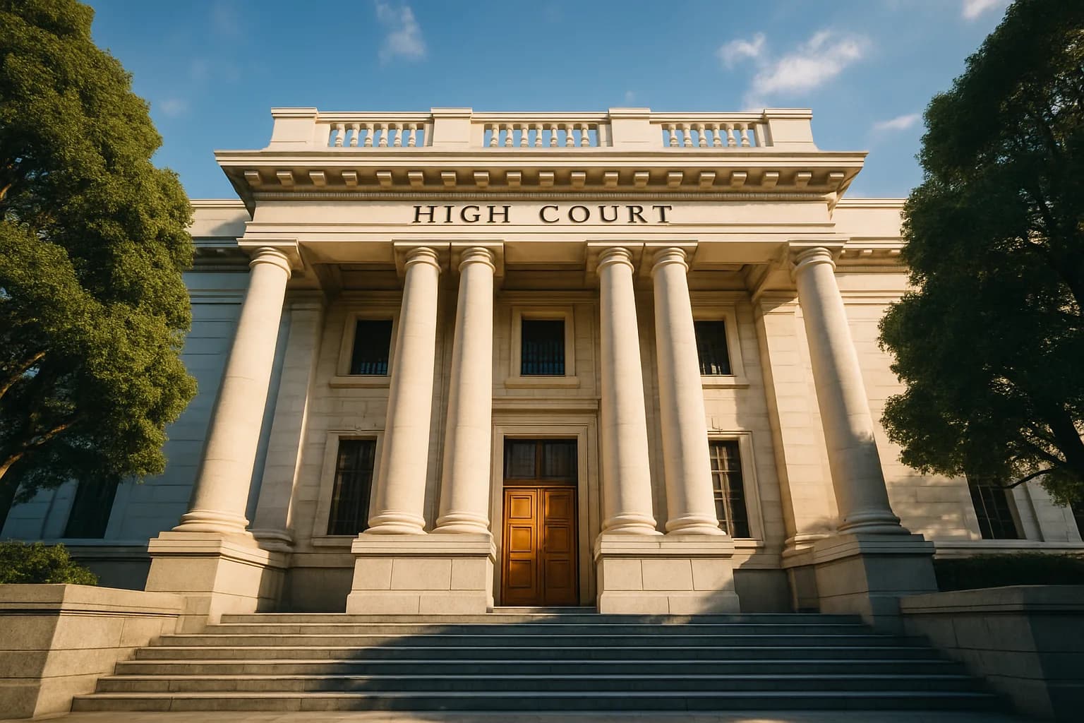 The grand sunlit exterior of a South African High Court building with classical stone columns, mature green trees framing the entrance steps and burnished bronze doors catching warm afternoon light.