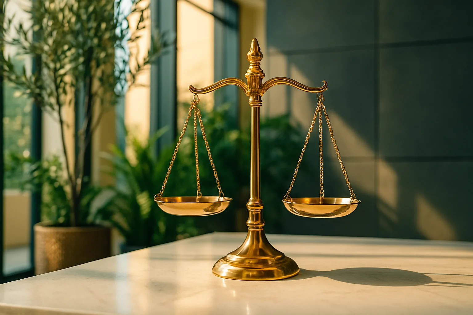 Polished brass scales of justice on a sunlit marble surface in a bright South African law firm, representing conveyancing compliance standards and the balance of legal responsibility in property transfers.