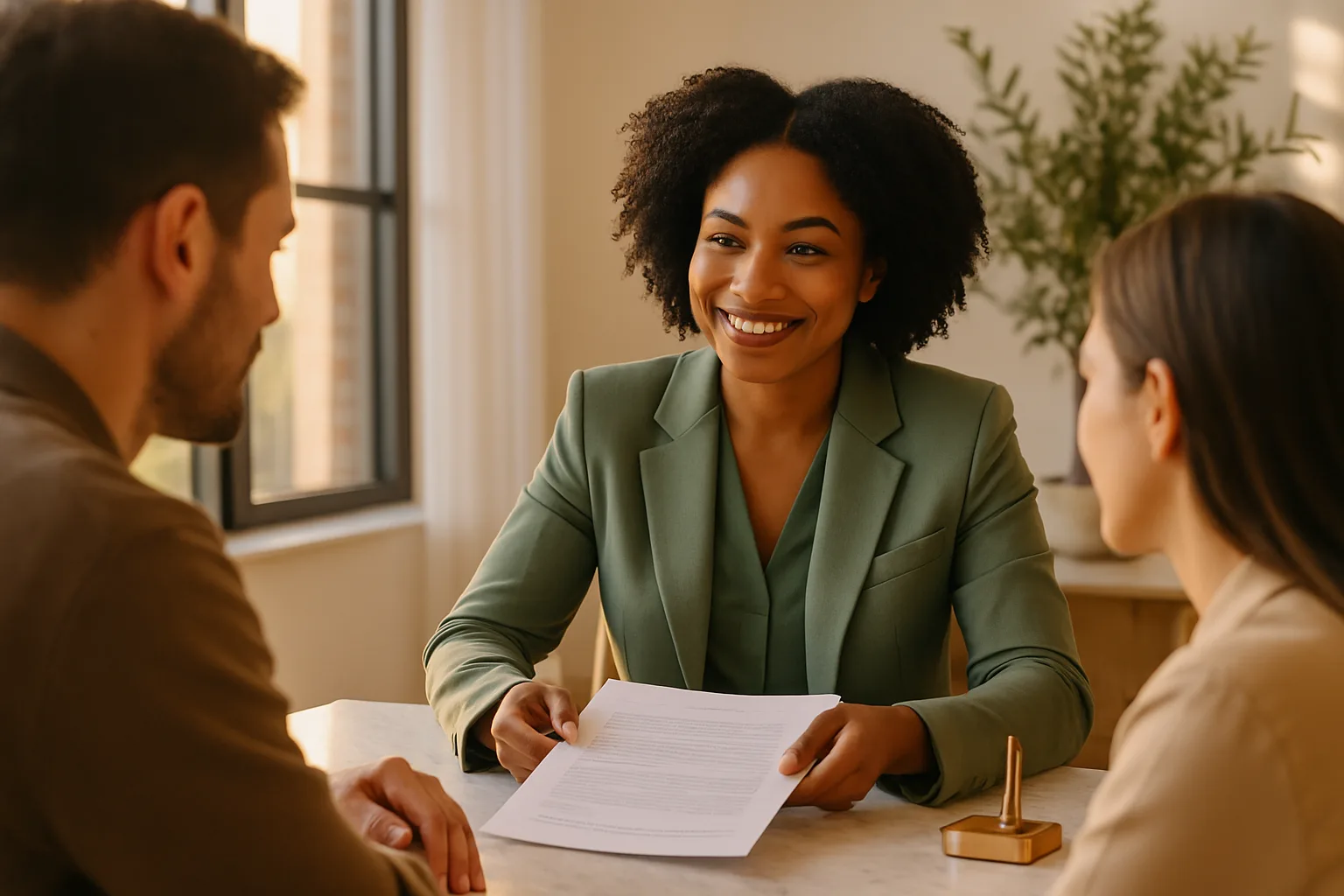 A female conveyancer in a sage blazer consulting with a couple across a bright marble table in a sunlit law office with floor-to-ceiling windows.