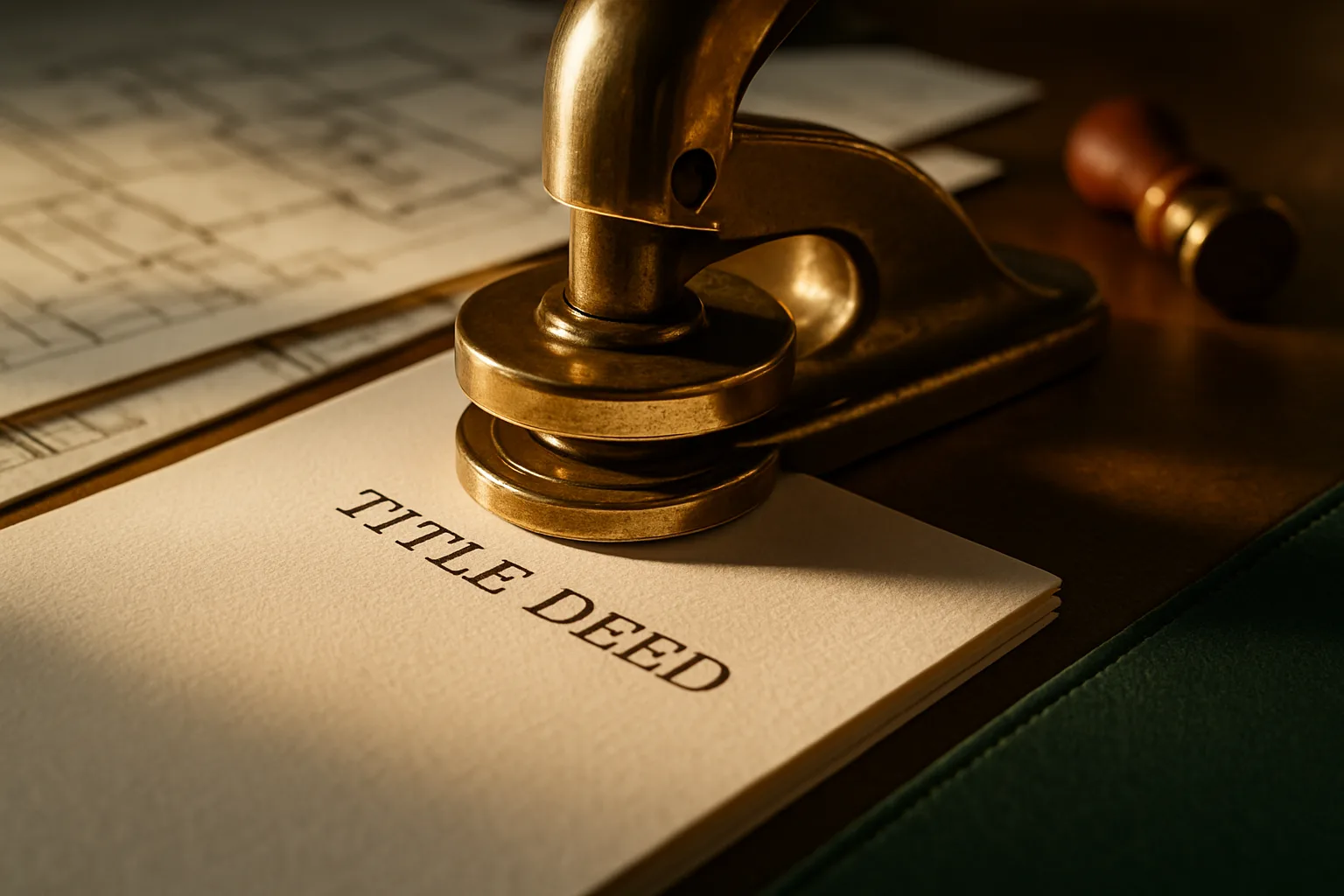 A polished brass embossing seal pressing into a cream title deed document on a warm bronze surface, surrounded by survey plans and a wax stamp in golden light.