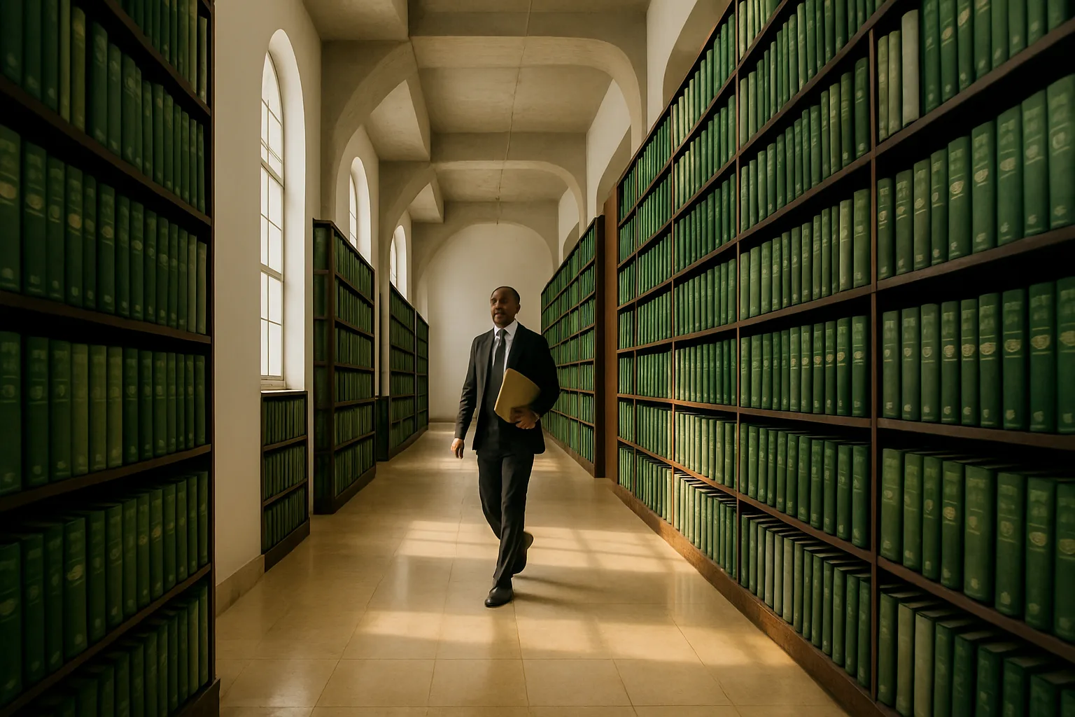 A bright South African deeds registry hall interior with tall arched windows, towering shelves of green archival binders and a registry officer walking along the aisle.