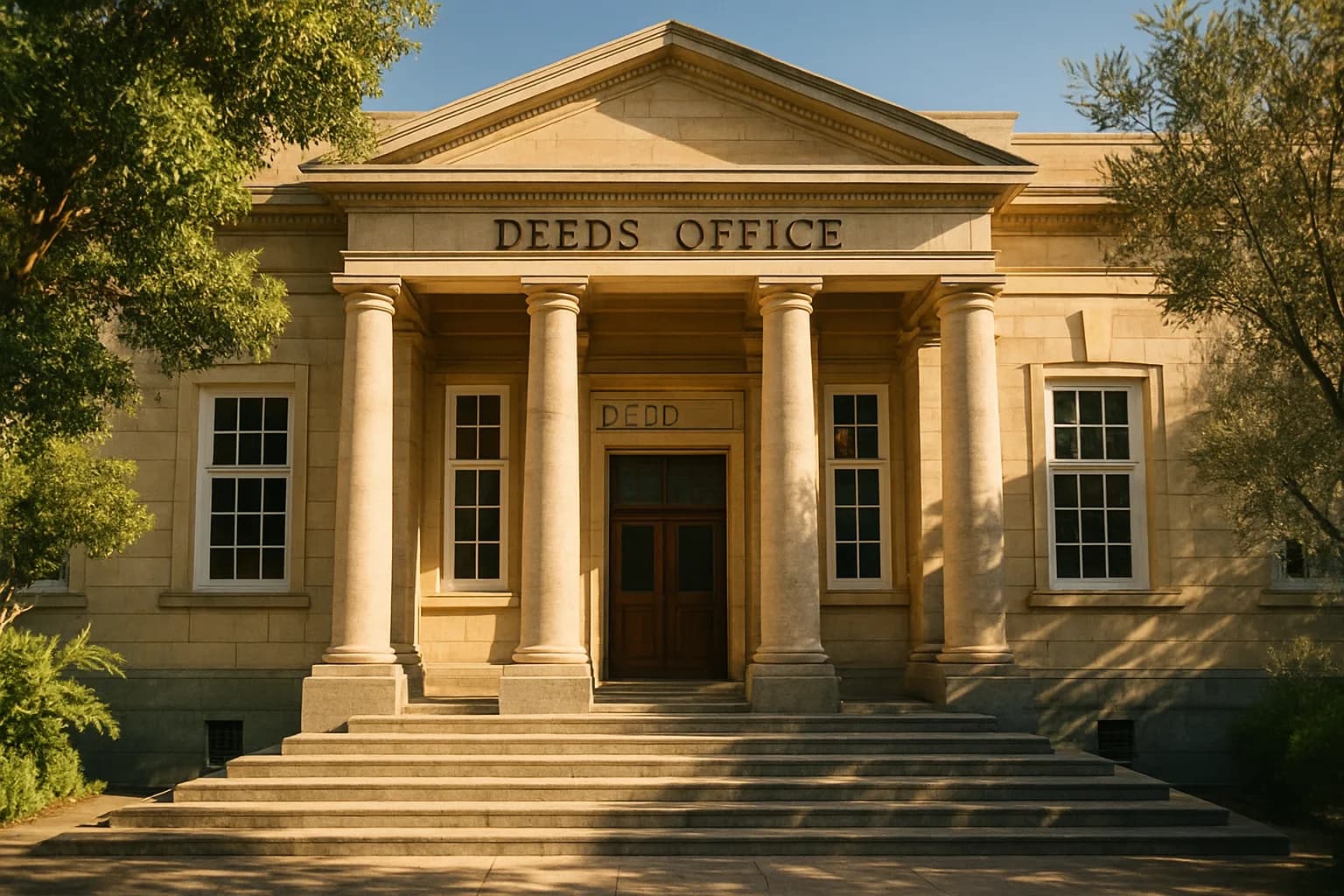 The sunlit exterior of a South African deeds office building with stone columns, lush green trees and warm golden morning light across the facade.