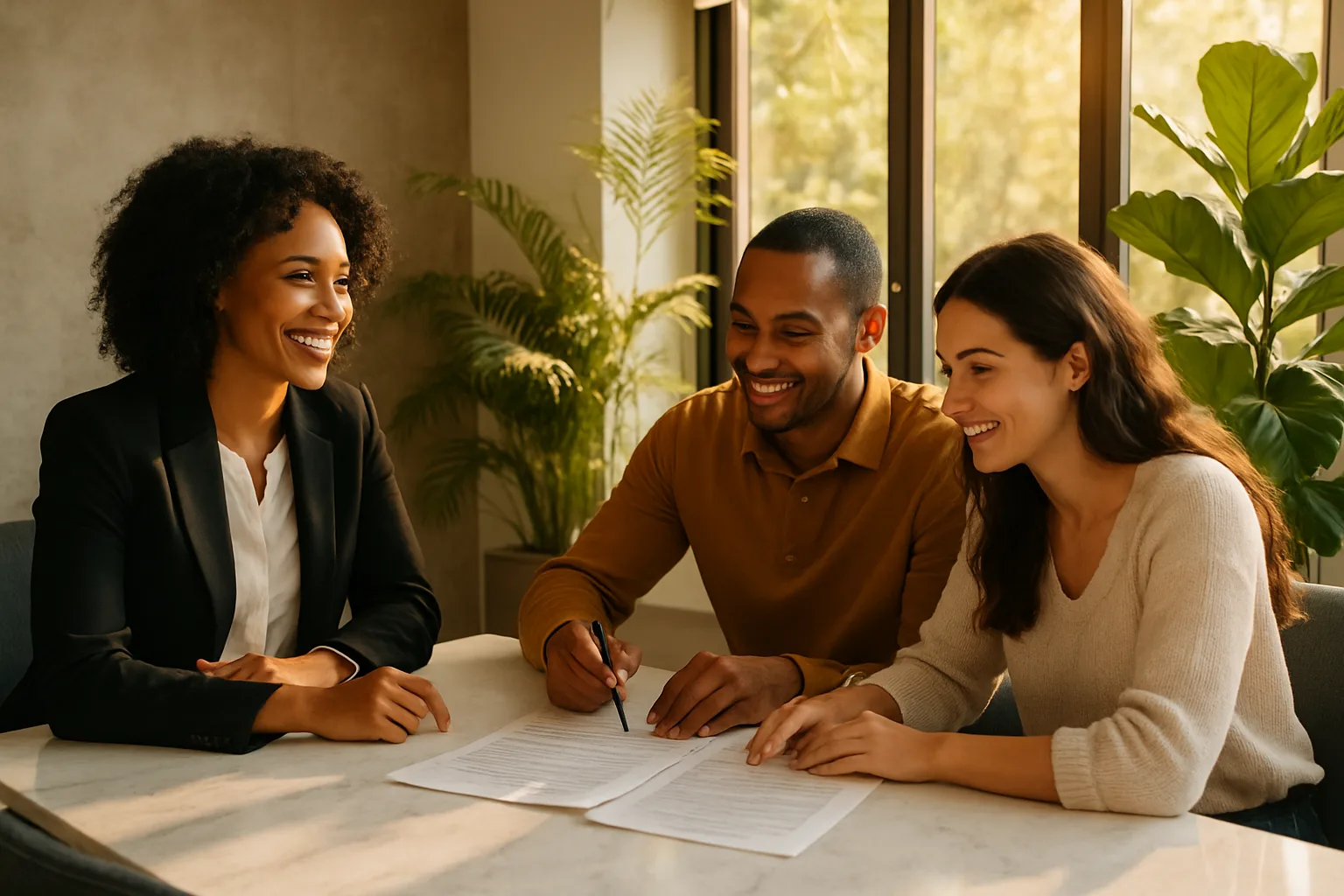 A conveyancing attorney explaining property transfer paperwork to a couple in a bright sunlit law firm meeting room.