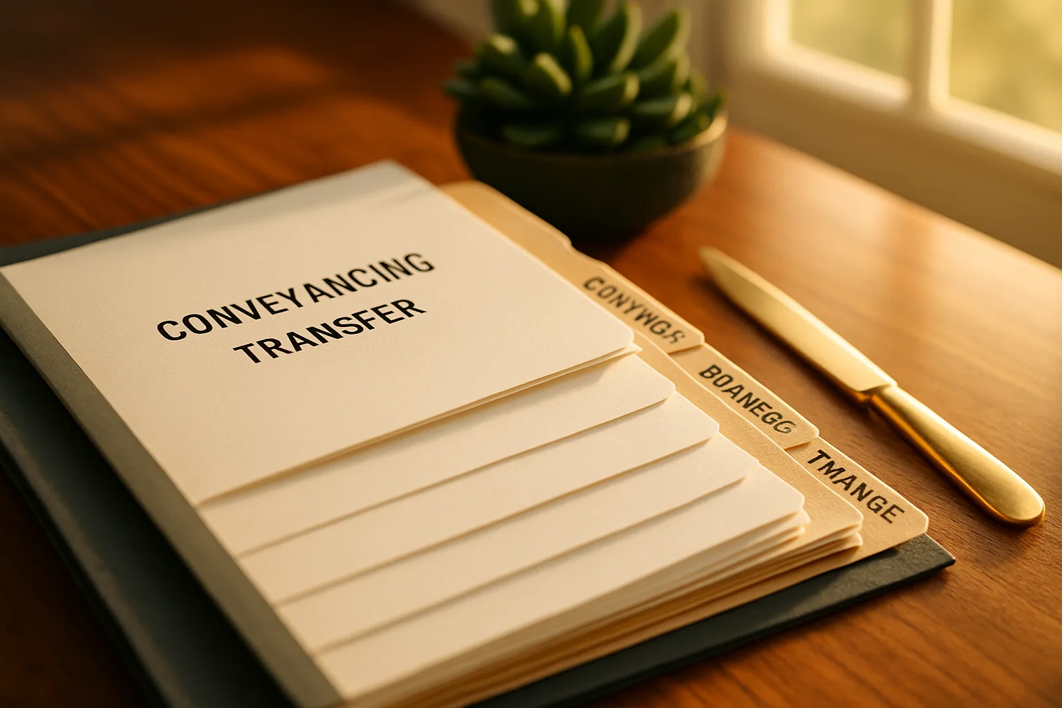 An open conveyancing transfer file on a sunlit desk with visibly empty document slots and labelled dividers.